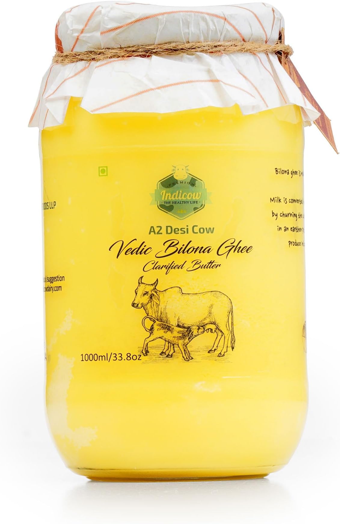 Indicow A2 Desi Cow Ghee, Clarified Butter | Grass Fed Cows | (1000ML(33.8oz), A2 Cow Ghee (Sahiwal Cows)) | Clarified Butter Fat, Keto, Paleo, Lactose Free, Casein Free, Non-GMO |a2 ghee organic