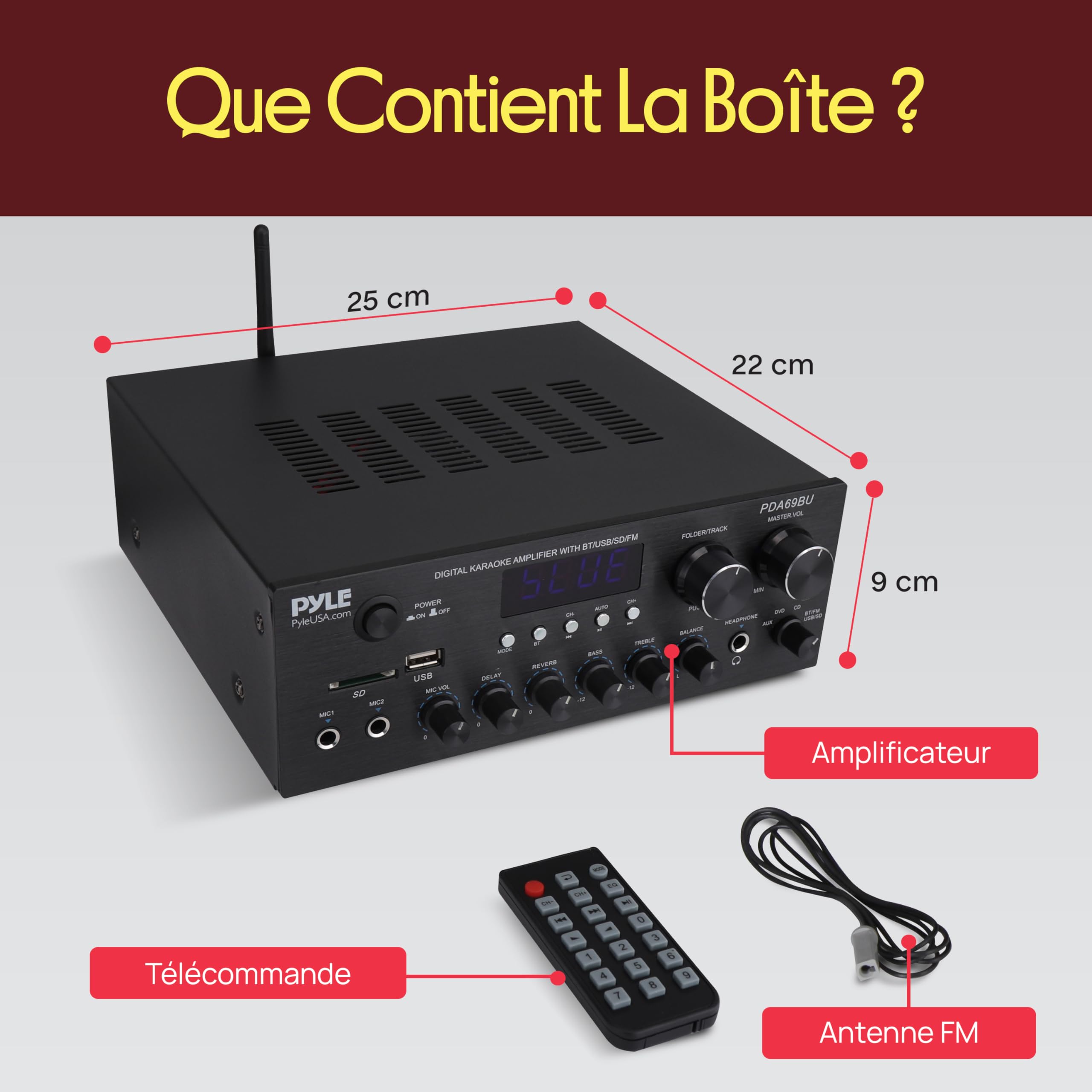 Pyle Ampli Bluetooth Maison 300 W – Récepteur Stéréo 2 Canaux pour Haut-Parleurs avec USB, SD, MP3, AUX, RCA, FM, 2 Entrées Micro 6,35 mm, Réverbération, LED, pour Haut-parleurs, Musique, Studio