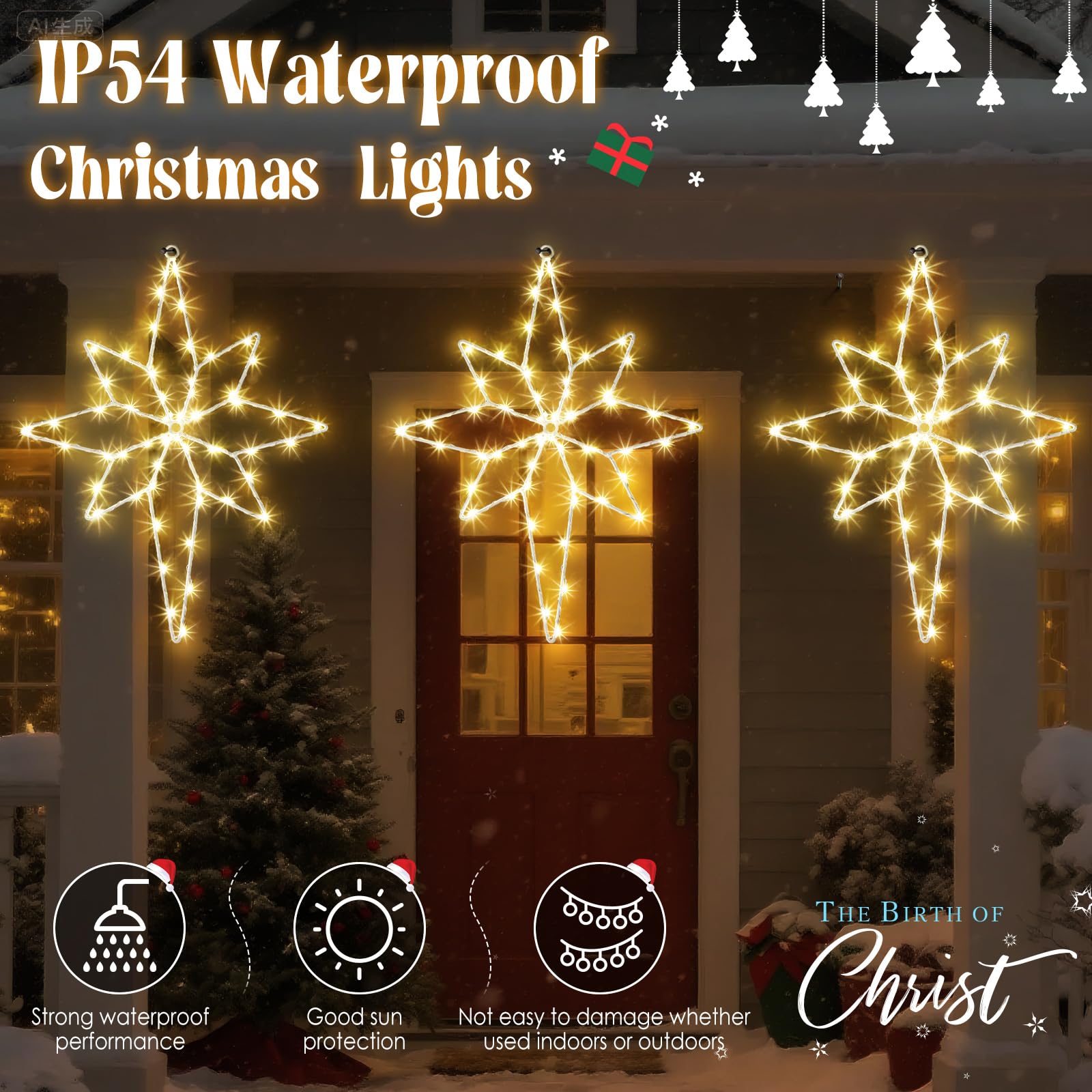 Hiboom Grande décoration lumineuse de Noël de 40,6 cm, 8 modèles 3 en 1 de Bethléem - Silhouette de fenêtre de Noël - 60 LED à piles - Décoration pour fenêtre