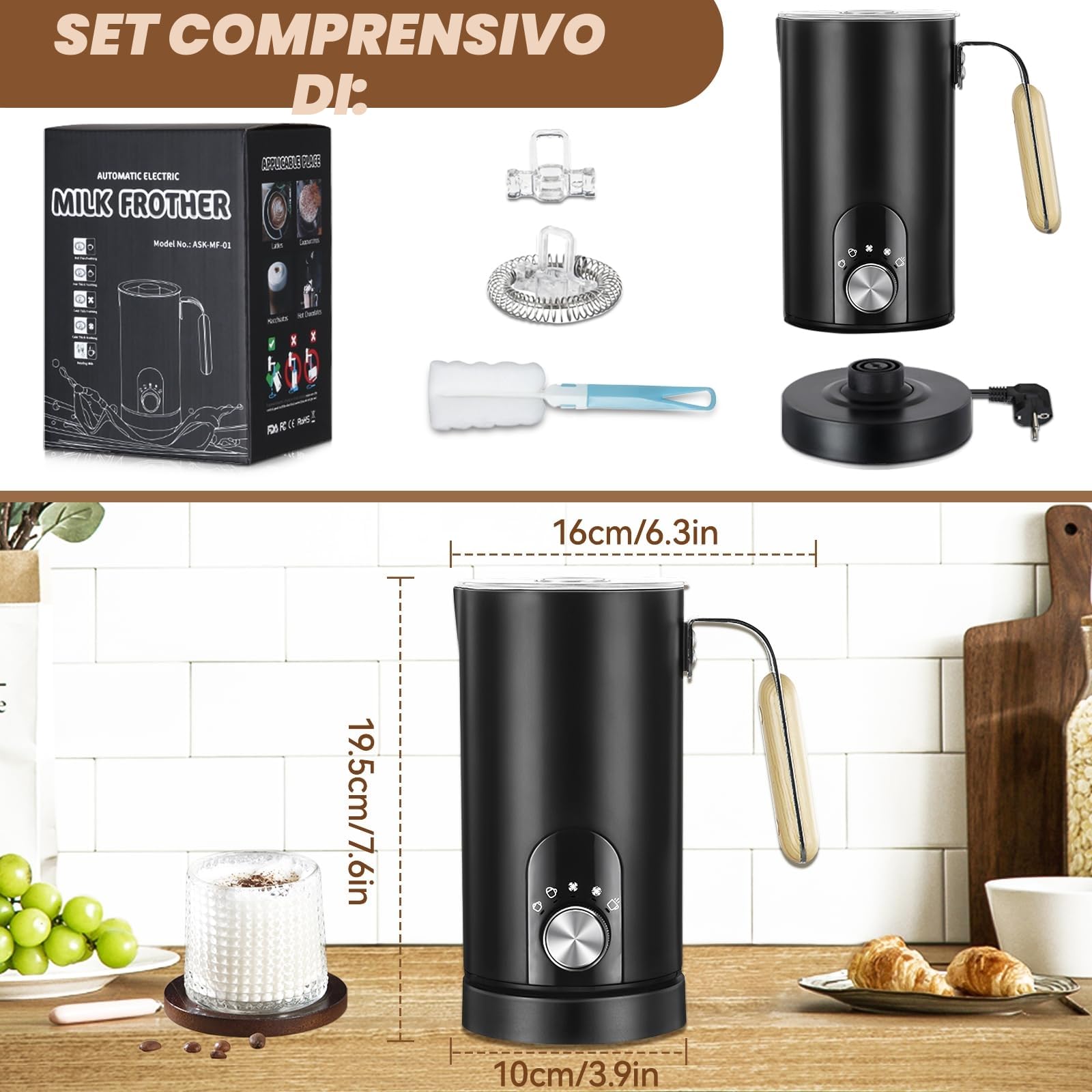 Montalatte Elettrico 5 in 1, Cappuccinatore Elettrico 350ML, per Schiumare Latte Caldo e Freddo, Silenzioso, Acciaio Inossidabile Rivestimento Antiaderente, per Caffè, Cappuccino, Latte