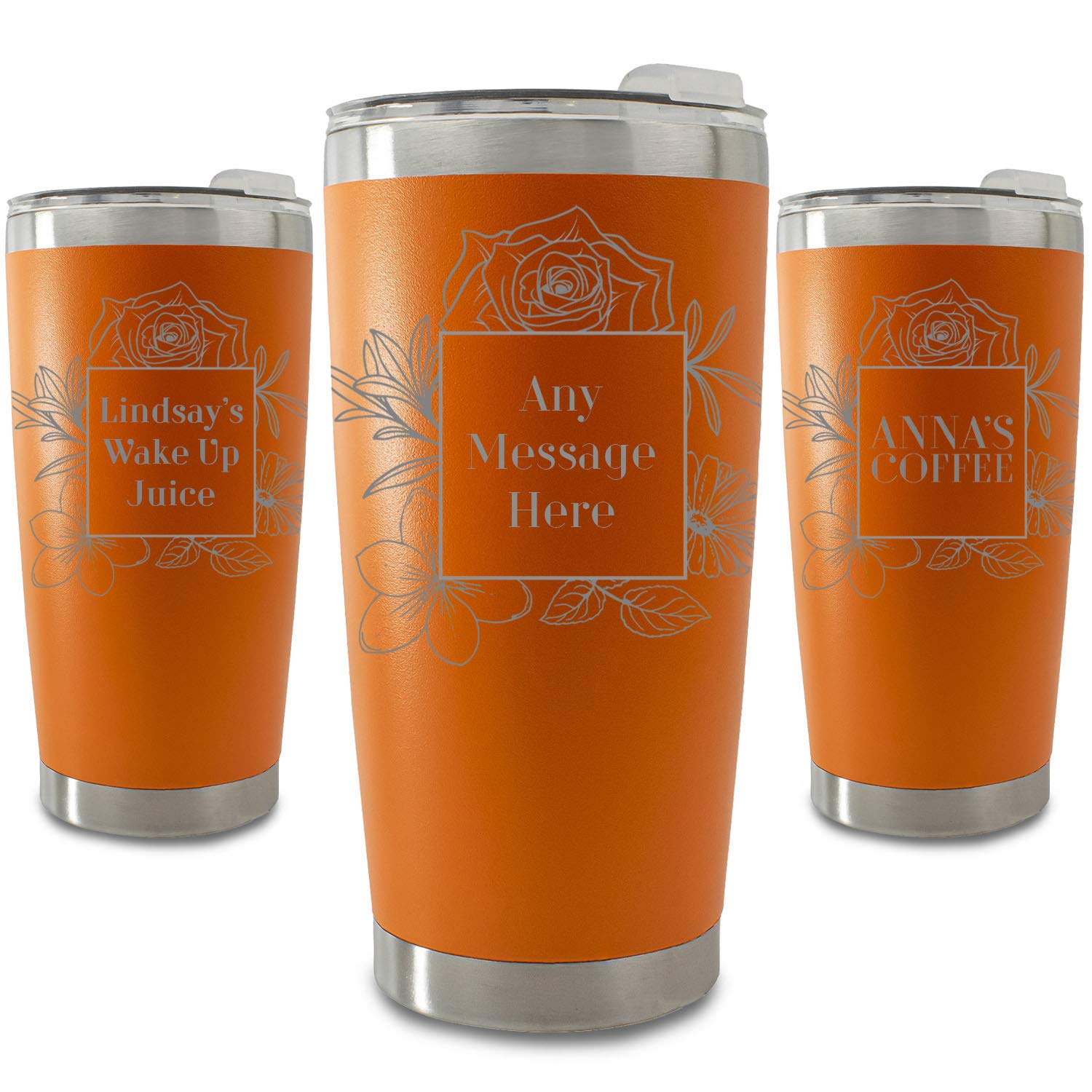 Personalisierter, gravierter, orangefarbener 500-ml-Reisebecher mit quadratischem Blumenmuster, personalisierbar mit einer beliebigen Nachricht oder einem Namen, inklusive Geschenkbox, lasergraviert
