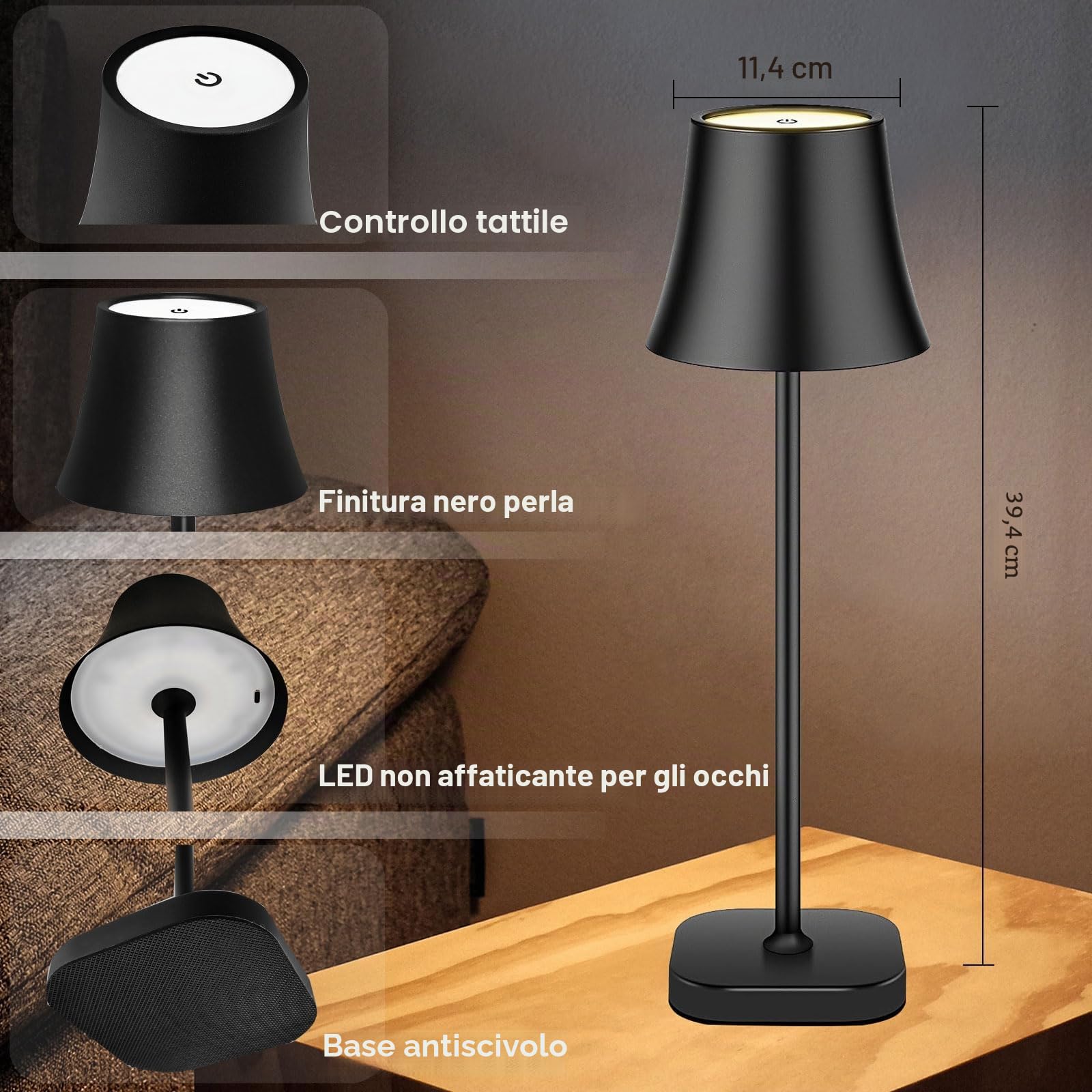 Lampada da Tavolo Senza Fili, Lampada da Scrivania,con Batteria a LED, 5400 mAh, Autonomia, 72 ore, Dimmerabile, Lampada da Comodino con Controllo Tattile, Labat Jour da Comodino, 3 Colori Dimmerabili