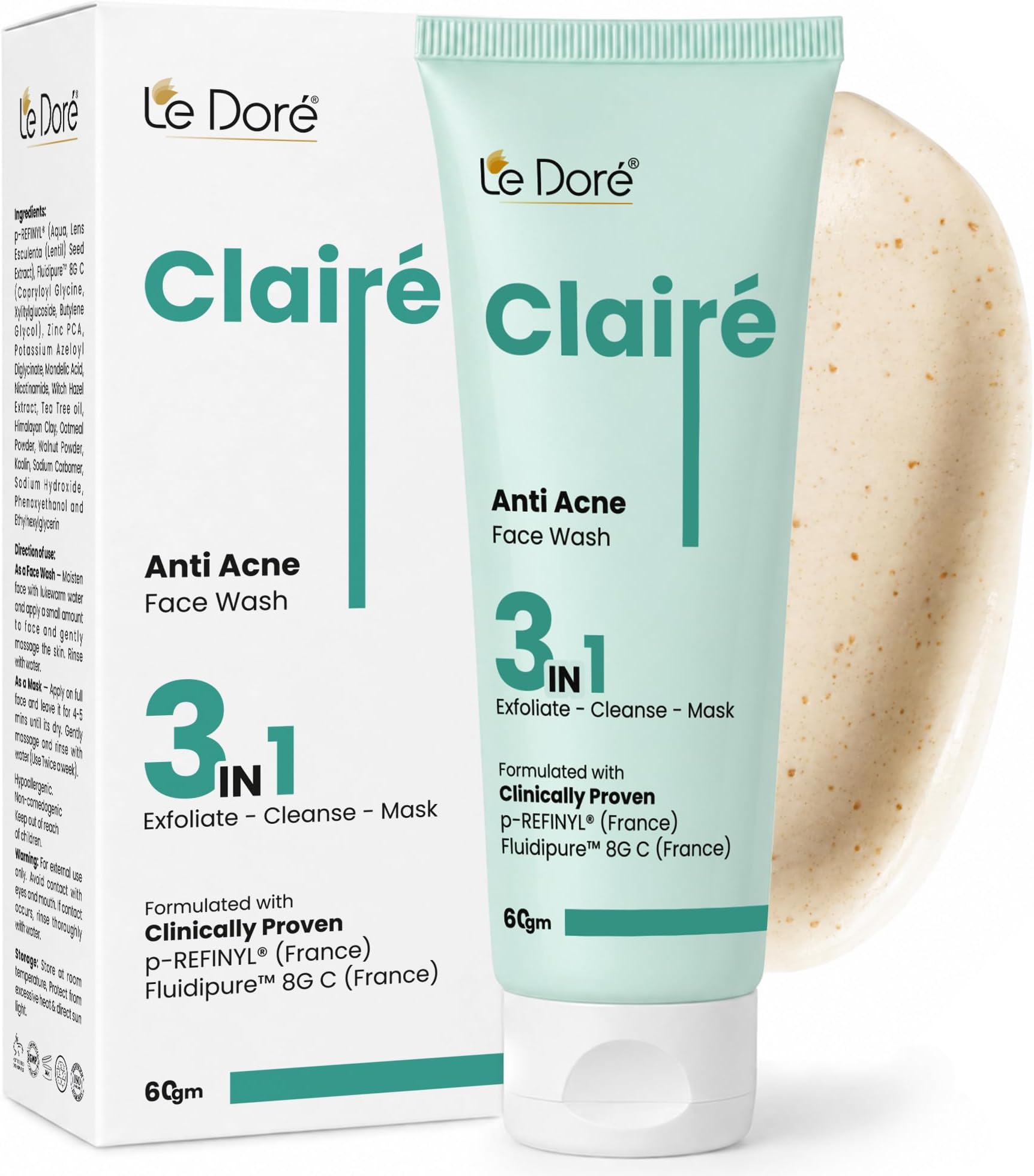 - Claire 3-in-1 Anti-Acne Clay Face Wash | With Zinc PCA, Witch Hazel, Tea Tree, Walnut Oatmeal & Himalayan Clay | Reduces Acne & Blemishes, Clears & Rejuvenates Skin | 60gm