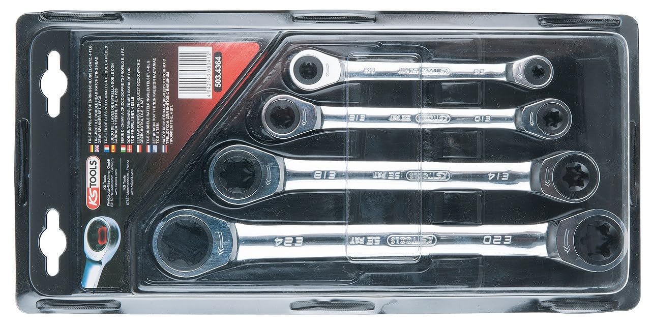 Ks Tools Chrome 503.4364 Gear+ Dbl Ring Ratchet Spanner (4 Pieces) E6-E24
