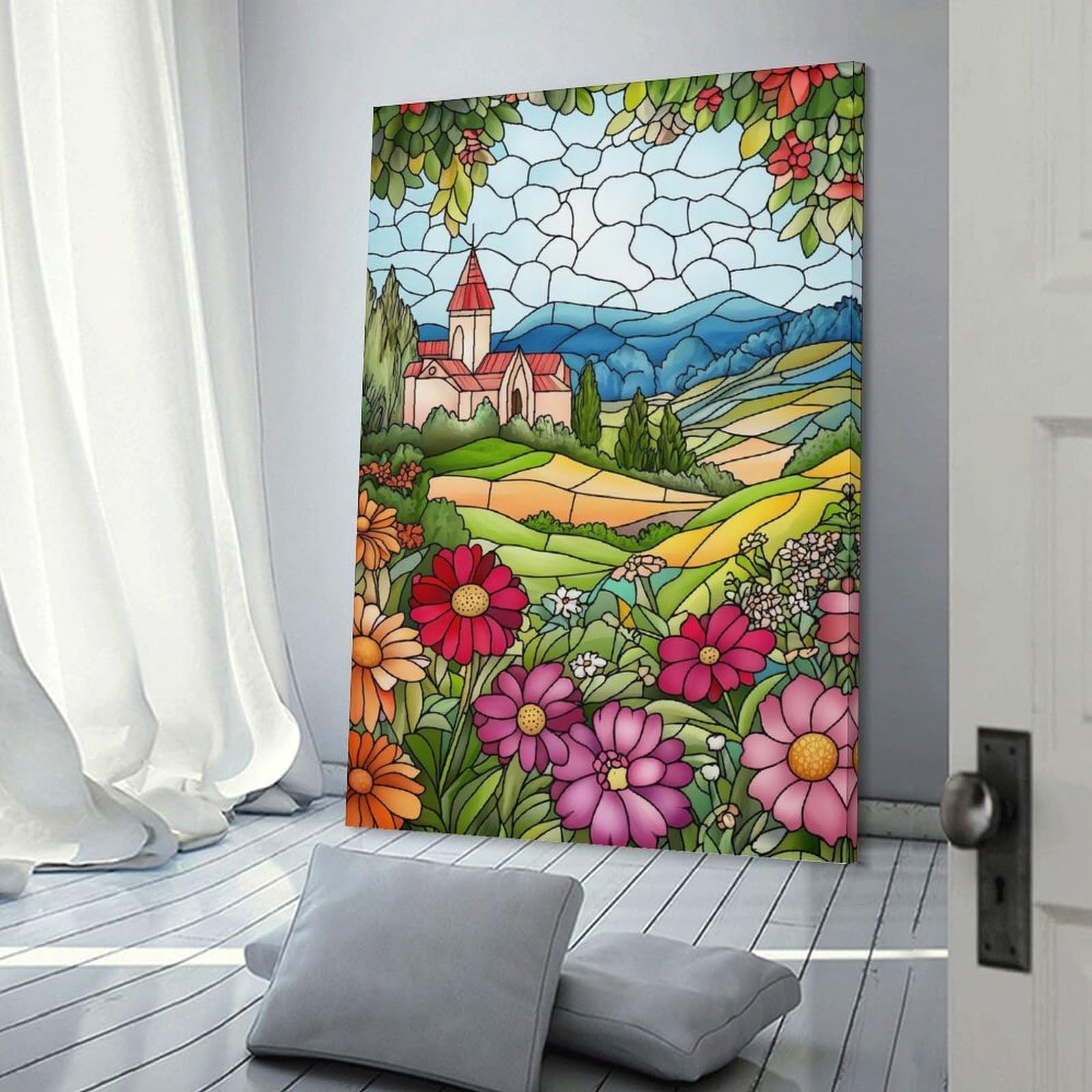 Junmoney Wall Picture Print Stained Glass Countryside, 20x30inch(50x75cm), for Entrance Walls, Hall Decor Or Foyers, A Neat Decor Update for Hallways