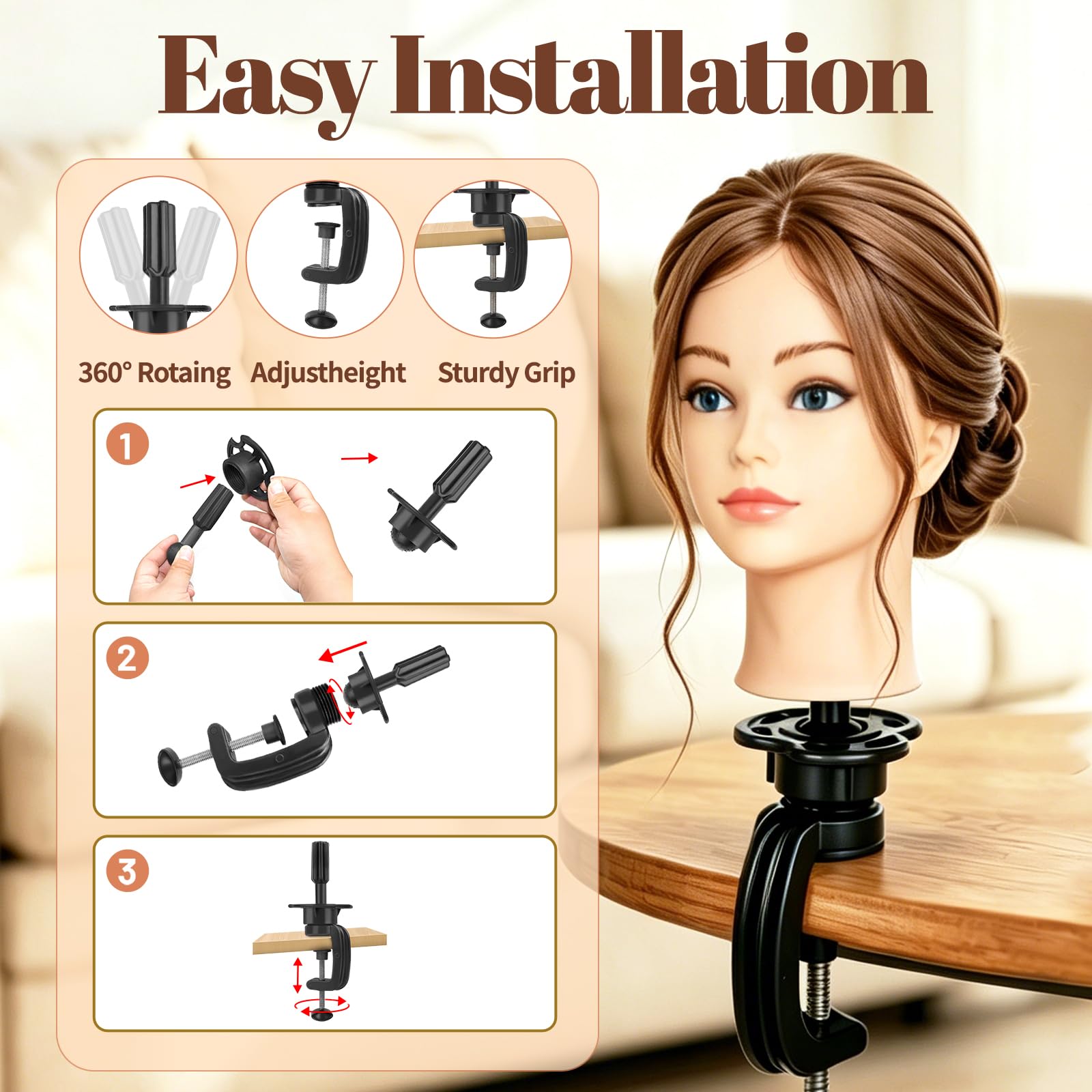 Yofuly 20Zoll/50cm Frisierkopf, 100% Echthaar Übungskopf, Frisieren Trainingsköpfe Puppenkopf Friseur Mannequinkopf mit Tischklemme + DIY-Zopfset (Braun)