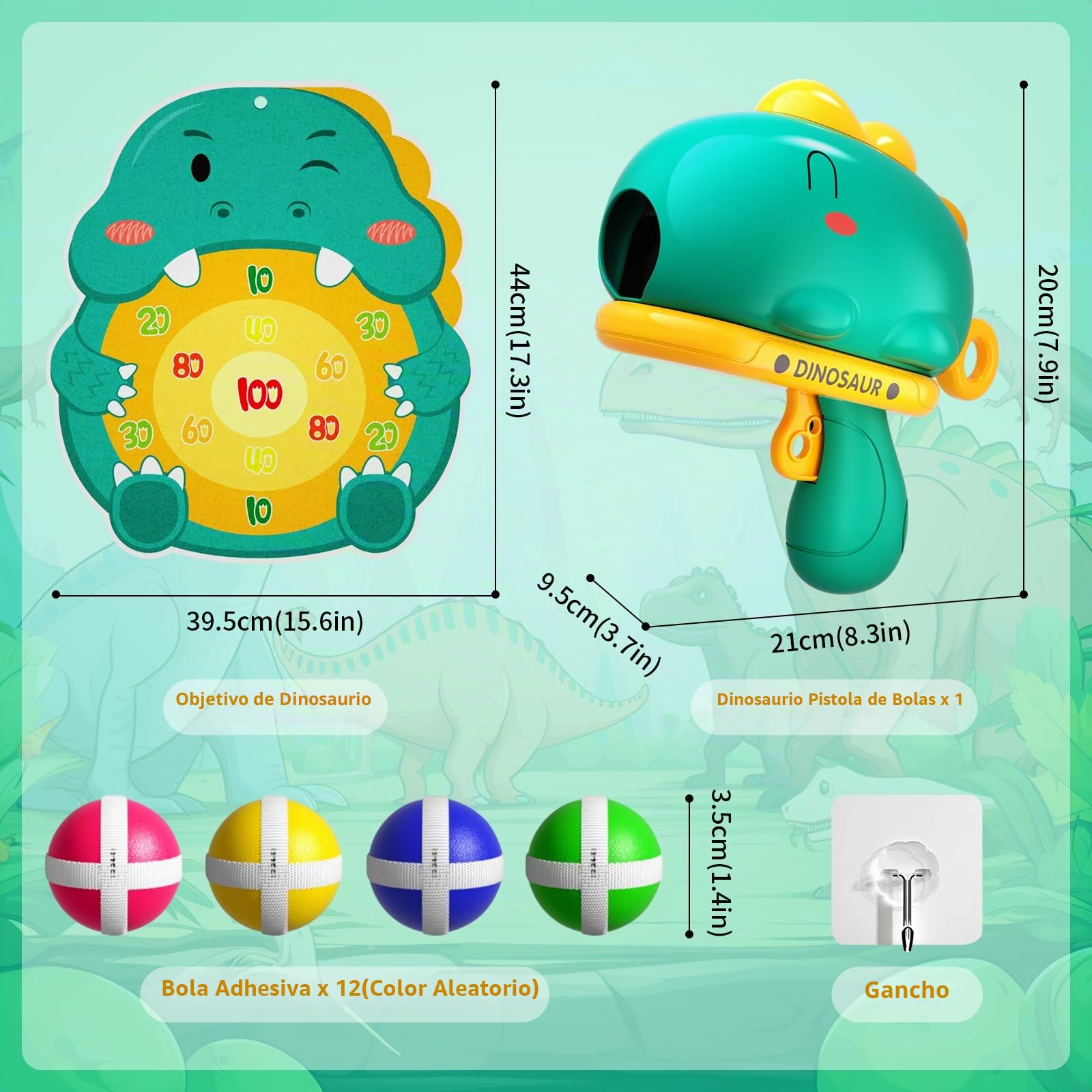Doloowee Juego de Disparos de Pistola de Dinosaurio, con Tablero de Dardos, 12 Bolas pegajosas, Regalo de Juguete de jardín Interior y Exterior para niños y niñas de 3 4 5 años (Verde)