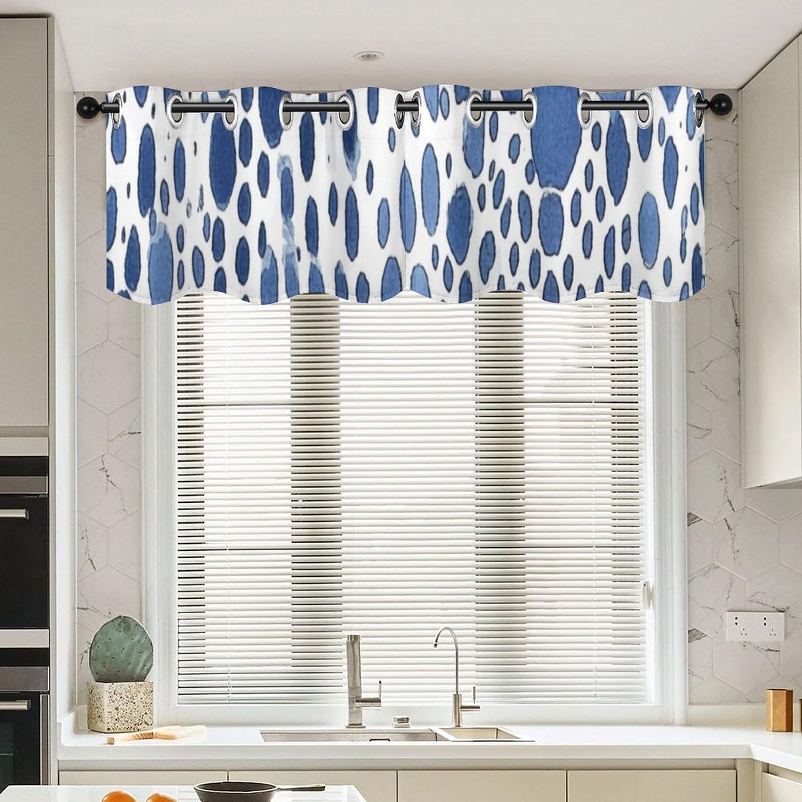 Rideaux courts à pois bleus et blancs 132x45 cm de style ethnique pour salon et cuisine