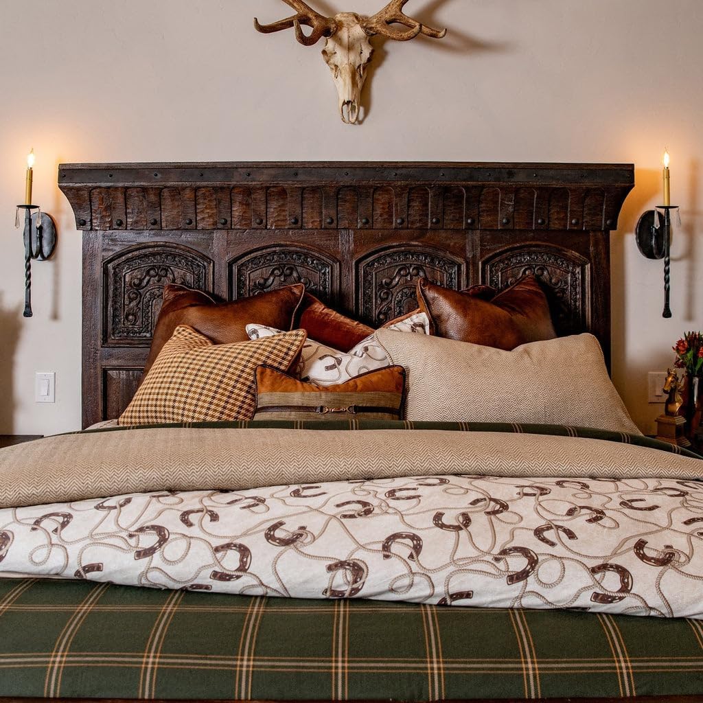 Paseo Road Tasha Polizzi Pierre Equestrian Western Bedding 3 Piece Queen Size Comforter Set, Brown Tan Cotton Sateen, Horseshoe Print, Modern Rustic Style Western Comforter with Pillow Shams