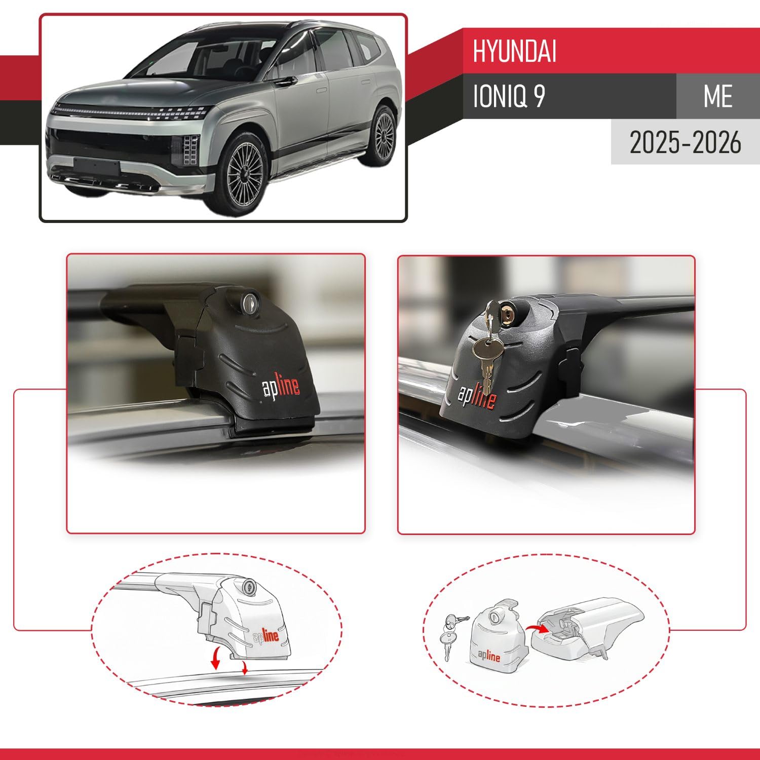 Kompatybilny z Hyundai Ioniq 9 (ME) 2025-2026 Aluminiowy bagażnik dachowy – 2 poprzeczki, czarne