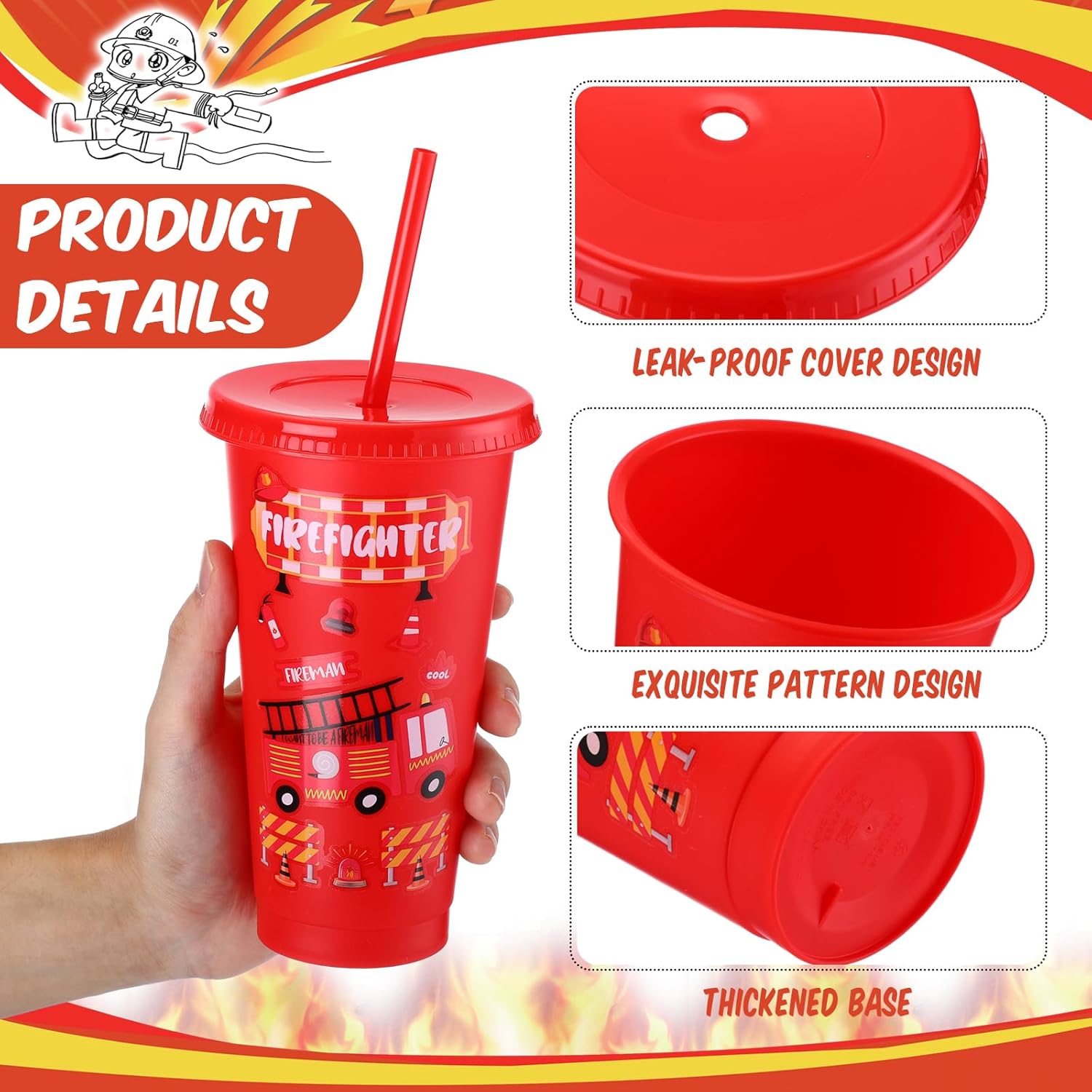 Mifoci 24 Pack Firefighter Plastic Cups with Lids and Straws 24oz Reusable Fire Truck Cups for Firefighter Birthday Party Supplies Decorations