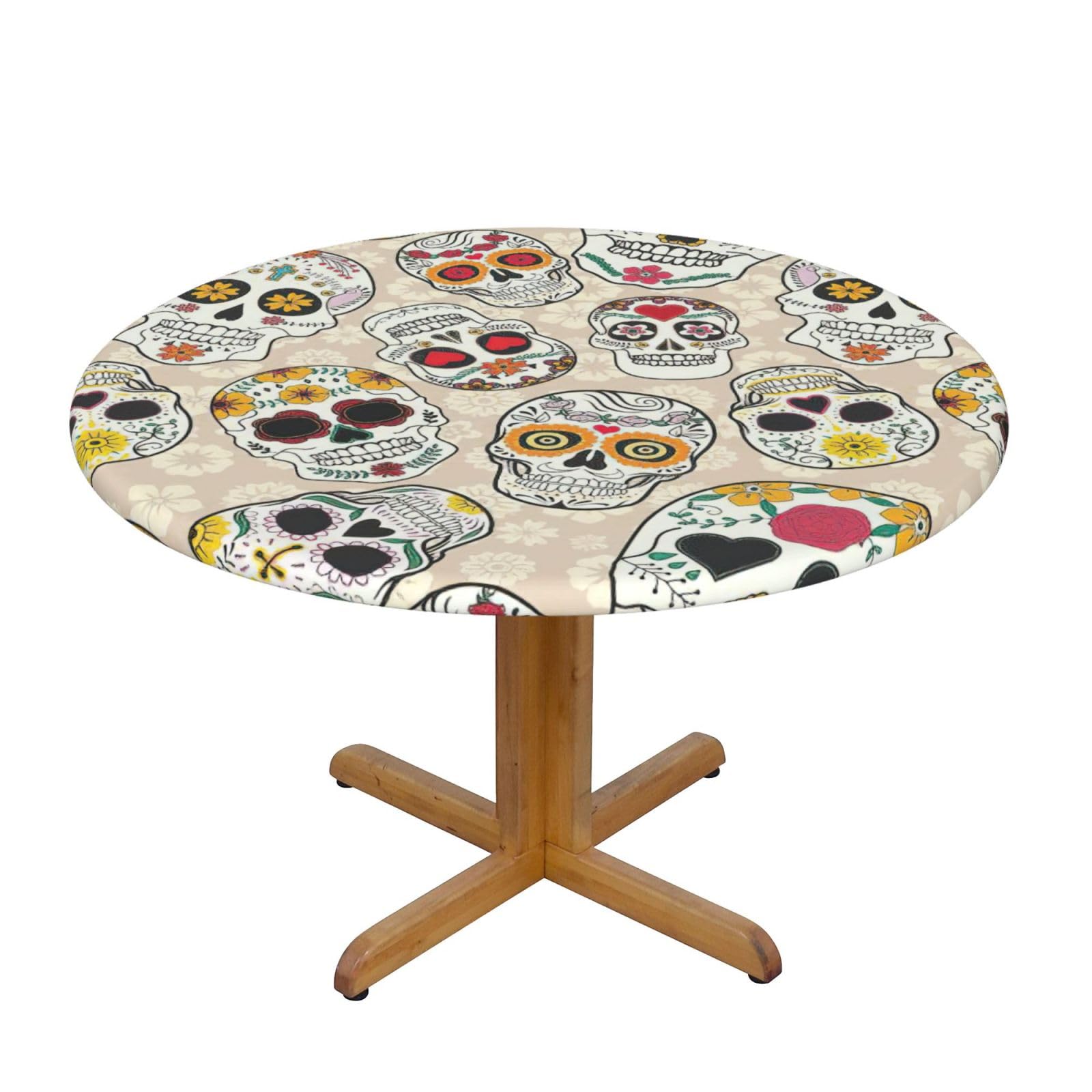 DUWAA Mexican Skull1 Print Oxford Fitted Table Cover For Patio Picnic, Waterproof Round Tablecloth For Home And Outdoor