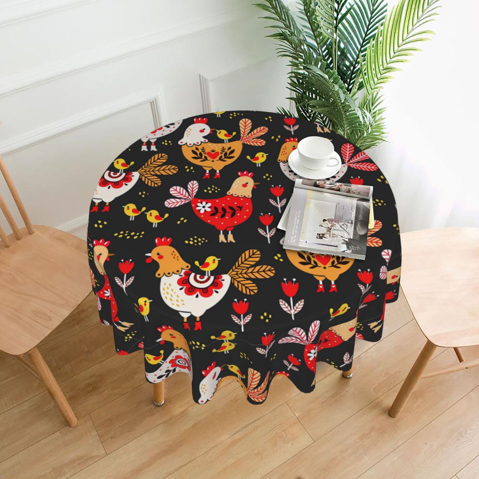 OKFSTY Cute Rooster Chickens Print Round Tablecloth 60in for Wedding Elegant Polyester Cover for Party Reception Festive Dinner