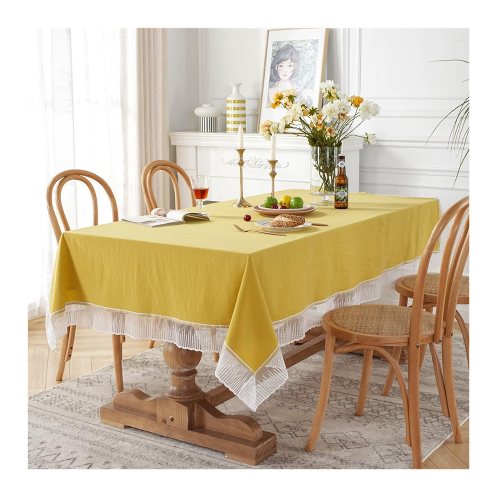 Daesar Protector Mantel Cuadrado,Mantel Algodón Mesa Color Sólido con Encaje Mantel Color Amarillo,140x140CM(55x55Inch)