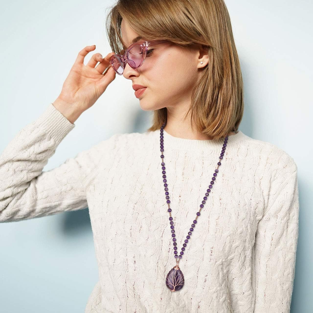 Top Plaza Healing Crystal Amethyst Necklace Natural Stone Beads Life Tree Wire Wrapped Teardrop Gemstone Pendant Jewelry for Women Mom - Image 2