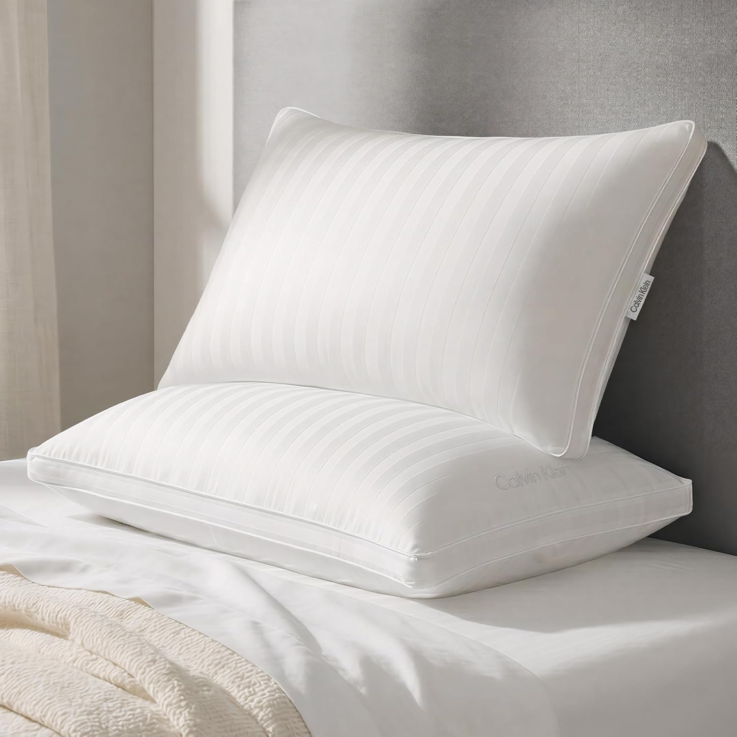Calvin Klein Hotel Collection Bed Pillows Queen Size Set of 2 Medium Soft | 400 Thread Count 100% Cotton Damask Stripe Cover, Gusseted Support Down Alternative Pillow for Side, Back & Stomach Sleepers