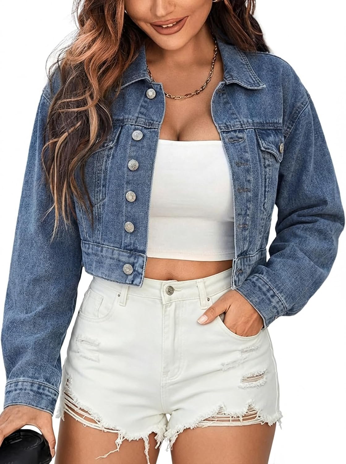 EMMIOL Cropped Denim Jacket for Women Vintage, Oversized Jean Jacket Distressed Dark Wash, Baggy Short Coat