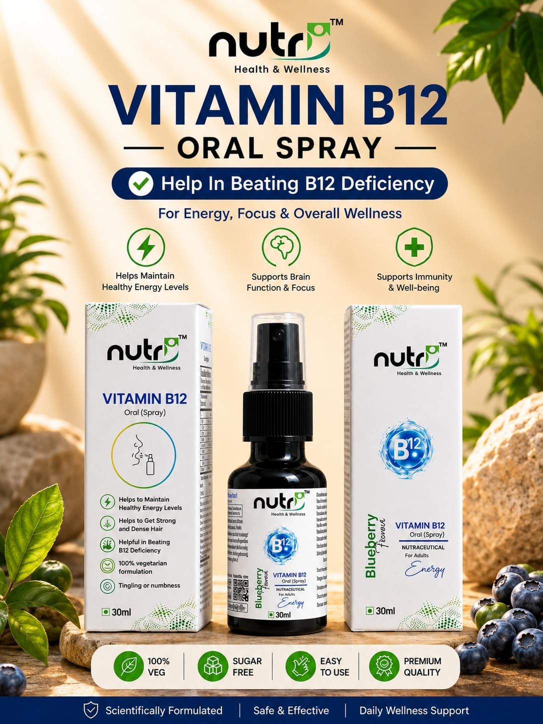 Nutri Health & Wellness Vitamin B12 Oral Spray Combo Pack of 2 | Methylcobalamin & Biotin | Blueberry Flavour | Sugar Free | 100% Vegetarian | Daily Wellness Supplement | 30 ml Each — Amazon image 4