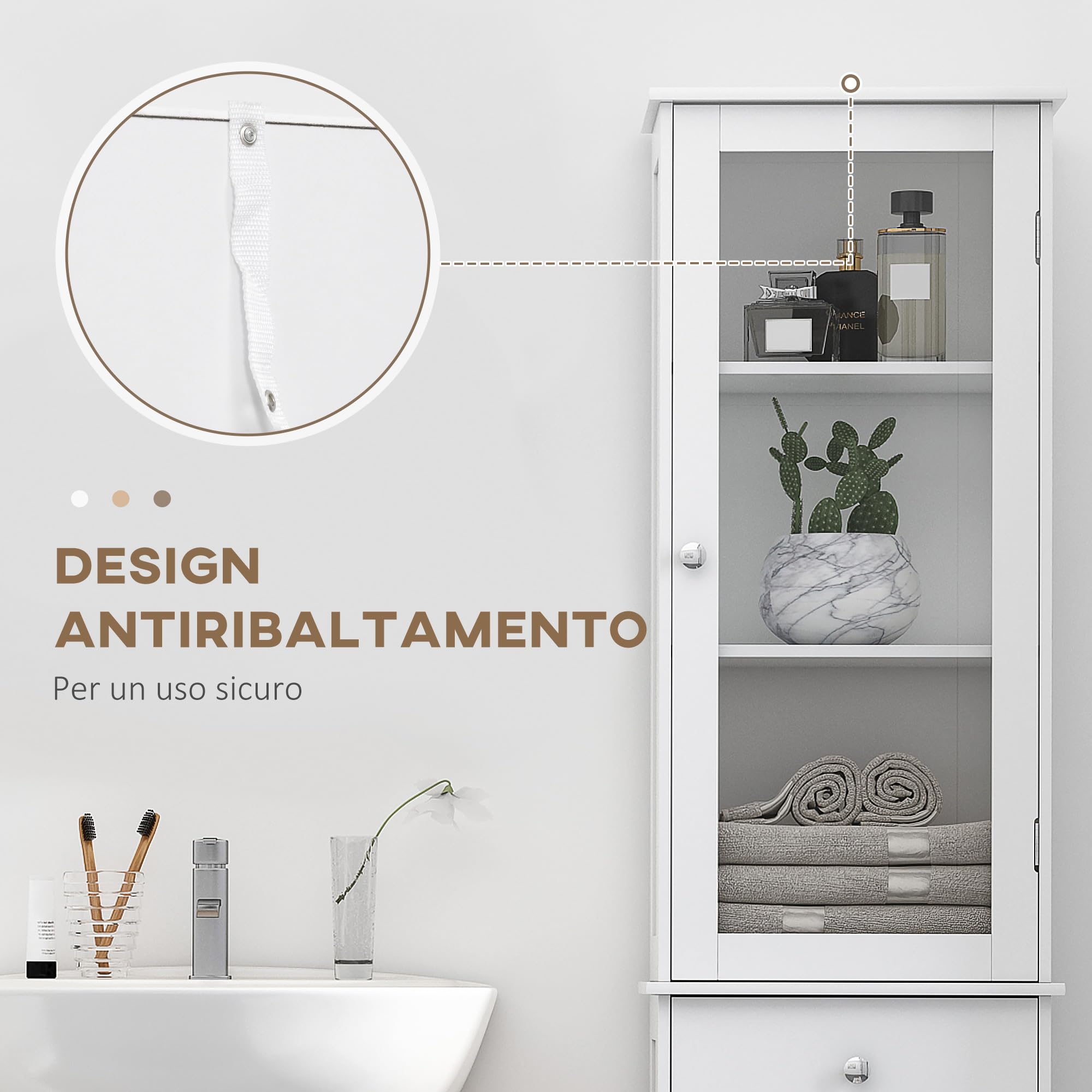 kleankin Mobile Colonna Bagno, Mobiletto Bagno Salvaspazio con Ante Trasparente, Armadietto, Cassetto e Ripiani Regolabili in MDF, 40x27x171.5 cm, Bianco