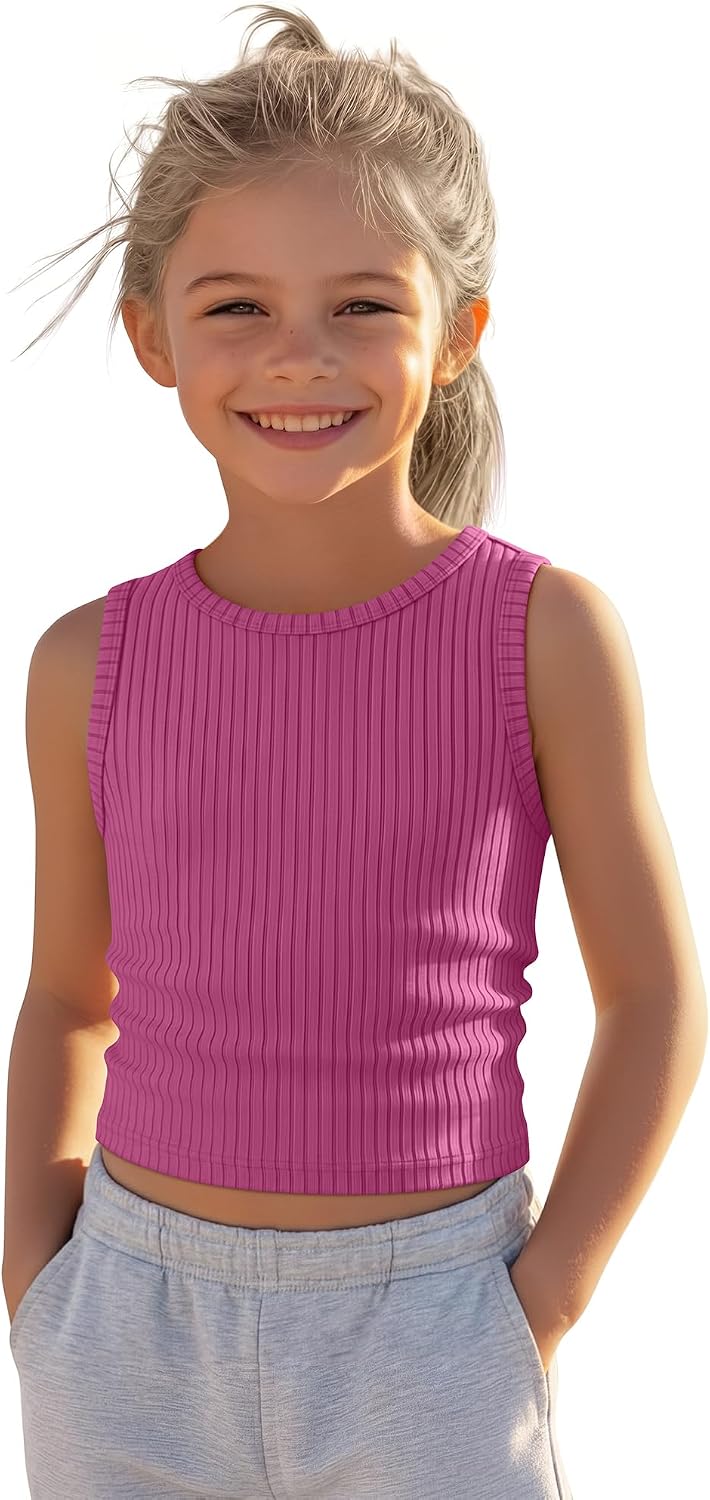 Girls' Tank Tops Ribbed Crew Neck Sleeveless Undershirts Wide Strap Camisole Kids Basic Stretchy Summer Shirts