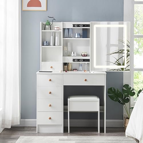 Guanglai Escritorio con espejo y luces, tocador de maquillaje con luces, tocador con taburete tapizado, 6 cajones y 2 gabinetes, mesa de maquillaje