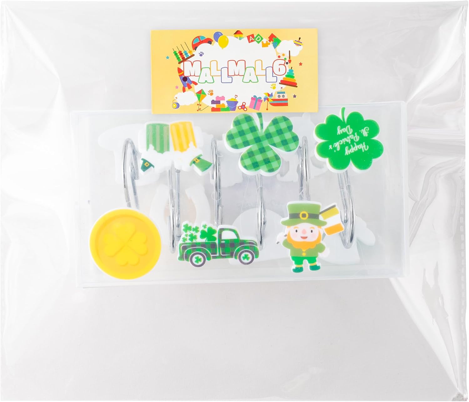 MALLMALL6 12Pcs St Patrick's Day Shower Curtain Hooks, Metal Rustproof Stainless Curtain Rings Decorative Pendants with Shamrock Coin Leprechauns Hat for Irish Bathroom Bedroom Room Decor Accessories