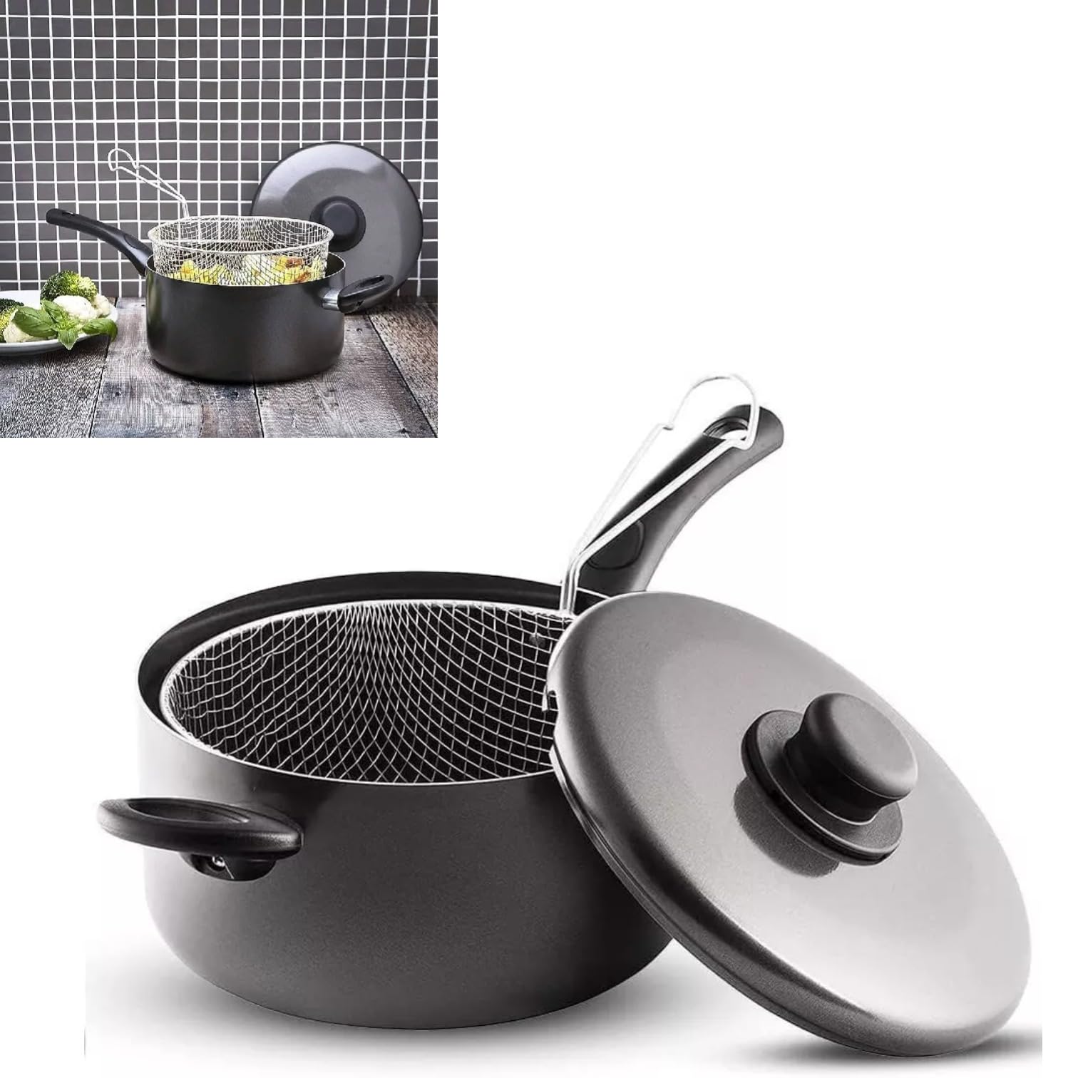 Non-Stick Aluminium Deep Chip Pan Fryer with Basket & Lid Multi-Purpose Frying Pot for Gas & Electric Stoves Dishwasher Safe, Soft Touch Handle, Ideal for Chips, Fish 22cm