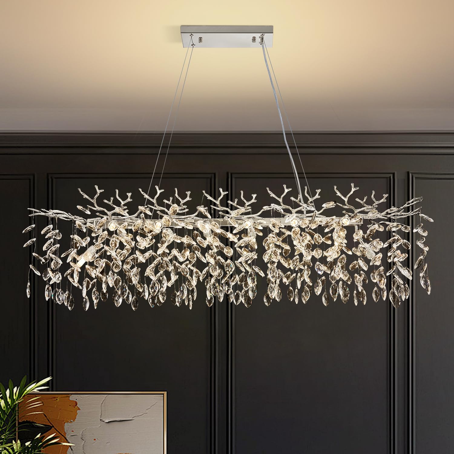 Modern Rectangular Chandelier, 47.3" Gold Crystal Tree Branch Chandelier 14 Lights Luxury Raindrop Light for Dining Room, Kitchen Island, Living Room