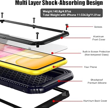 Beeasy Case Compatible with iPhone 11 Black, Waterproof Shockproof Tough Heavy Duty, Built-in Screen Protector 360 Degree Full Body Military Protective, Metal Rugged Cover for Outdoor Sport