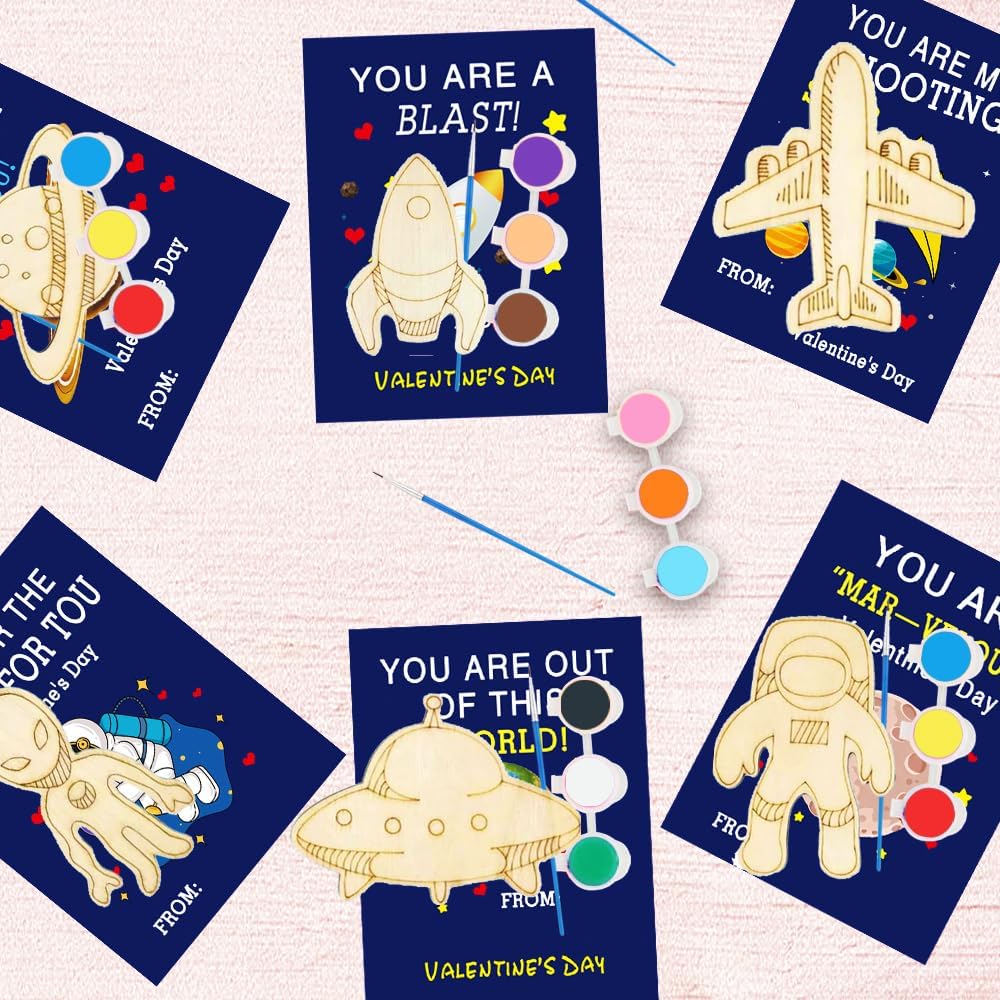 Cinihi Valentines Day 28 Pack Space Kids Painting DIY Craft Kits Includes Valentines Cards and Paintbrush, Space Party Favors for Classroom Exchange Prizes
