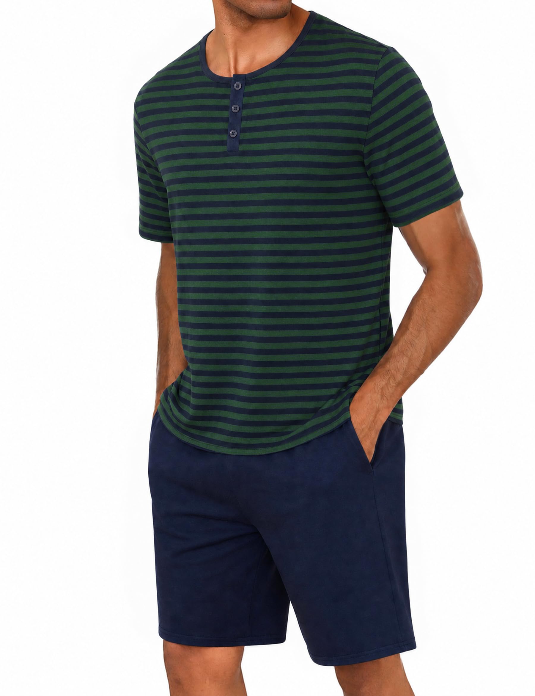 Marvmys Schlafanzug Herren Kurz Sommer Pyjama Set aus Atmungsaktiver Baumwolle Zweiteiliger Kurzer Nachtwäsche Männer Kurzarm T-Shirt und Kurze Hose mit Taschen Loungewear S-3XL