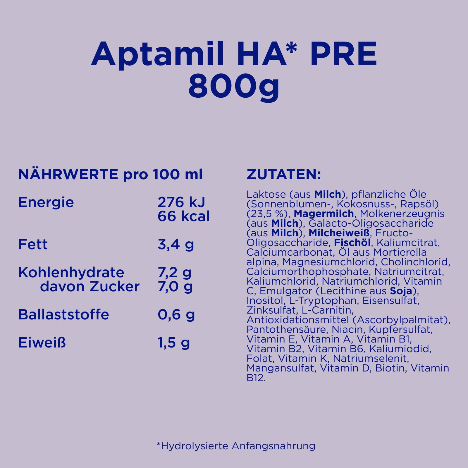 Aptamil HA PRE – Anfangsmilch von Geburt an, Mit DHA, Nur Laktose, Ohne Palmöl, Babynahrung, Milchpulver, 1 x 800 g