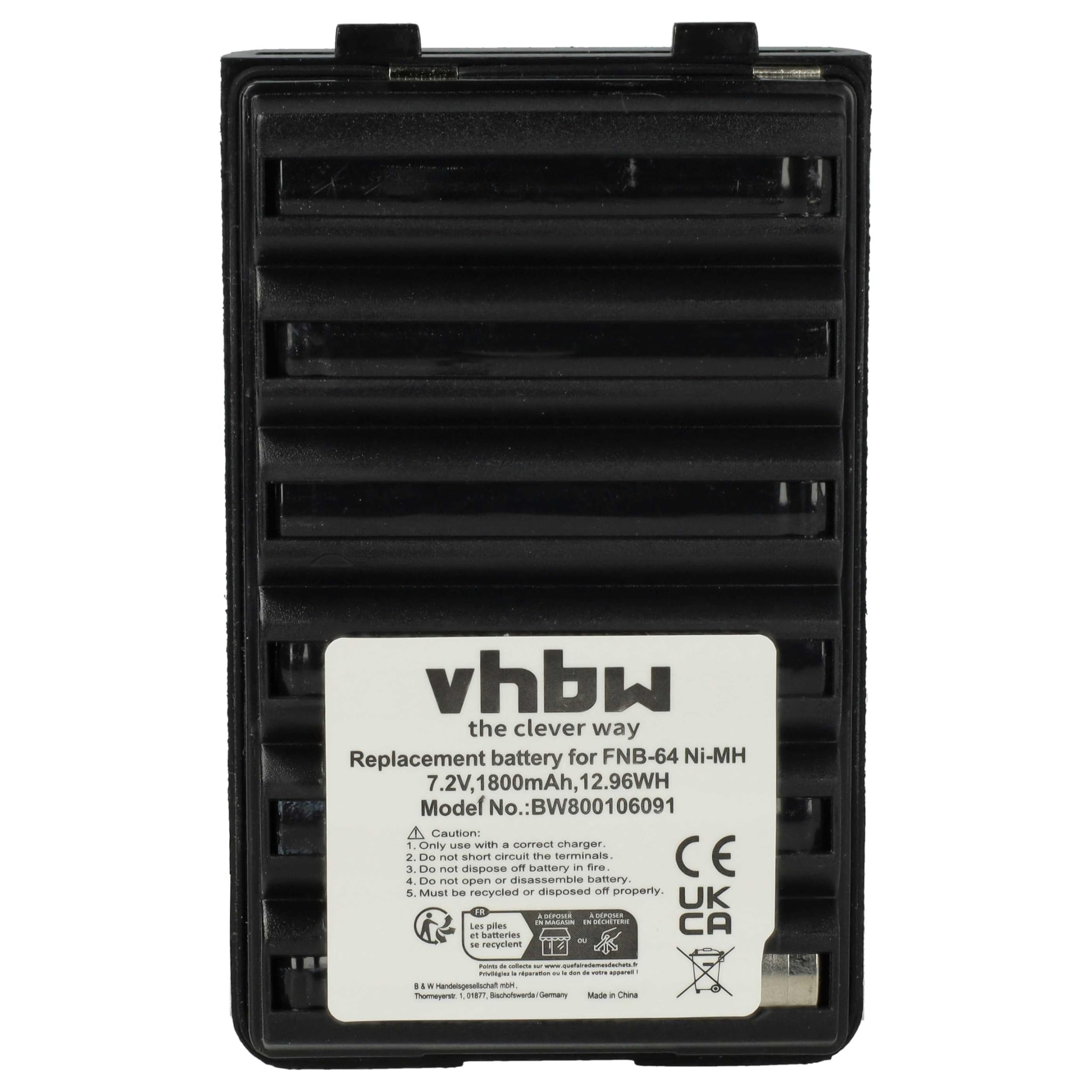 vhbw Batería Compatible con Yaesu Vertex FT-277R, FT-250R, FT-250E, FT60, FT-270R, FT-270E, FT-60 Radio (1800 mAh, 7,2 V, NiMH)