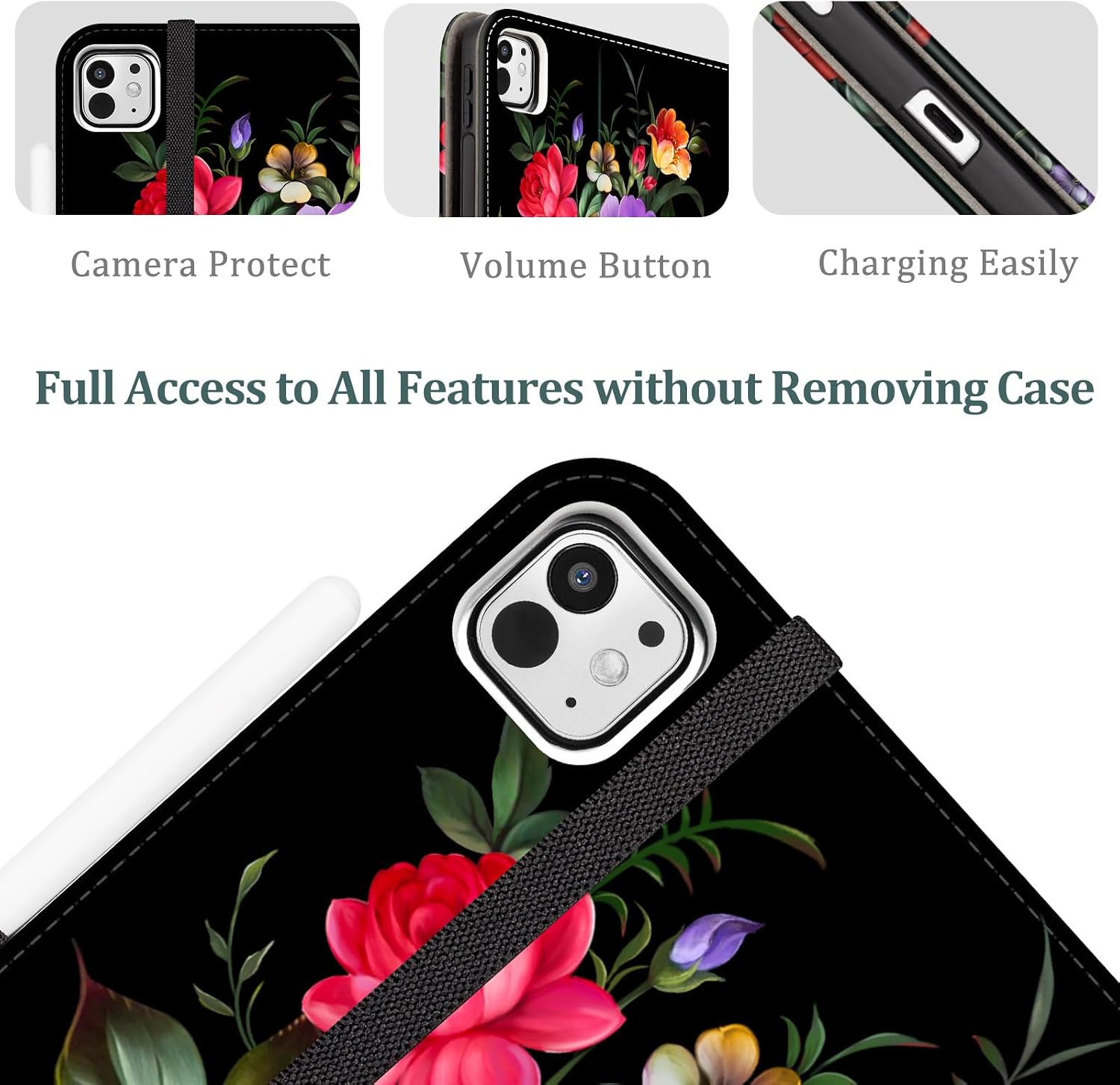 Lokigo for iPad Pro 11 Inch Case (M5/M4) 2025/2024, Flowers iPad 11 Inch Pro Case with Pencil Holder/Hand Strap/Pocket, Full Protective Soft Back Smart Stand Cover, Auto Wake/Sleep, Black Floral