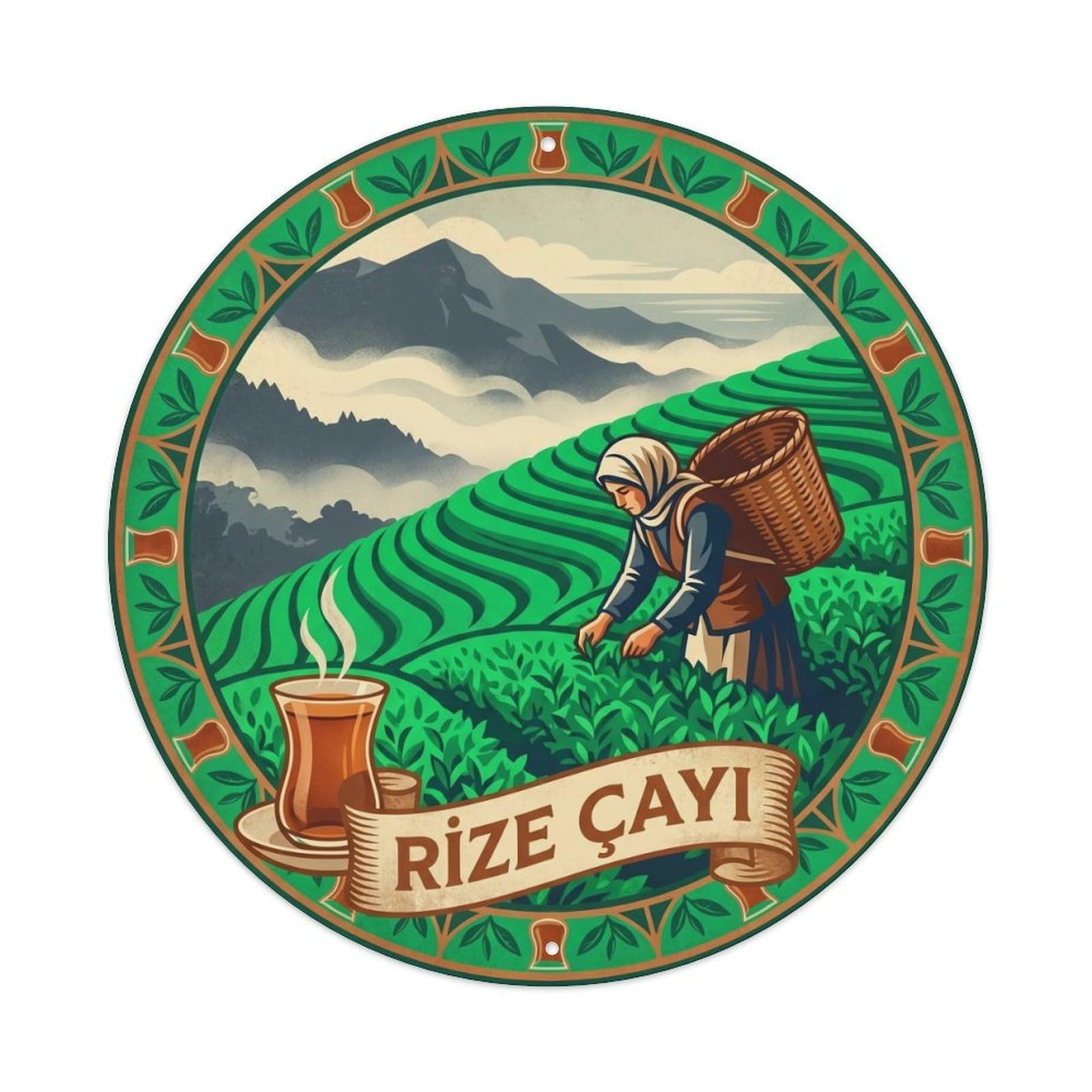 Rize Tea Picker Turkish Beverage Heritage Graphic Metal Tin Sign