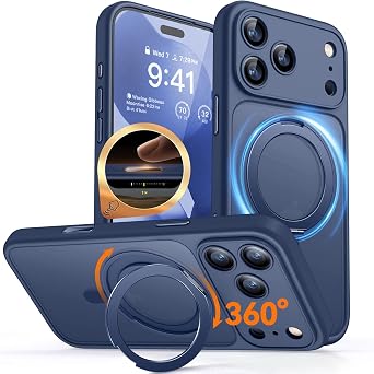 CANSHN 360 Spin Magnetic Stand for iPhone 17 Pro Max Case with Camera Control [Full Camera Protection] [Compatible with Magsafe] Translucent Matte Shockproof Protective Phone Cover 6.9" - Deep Blue