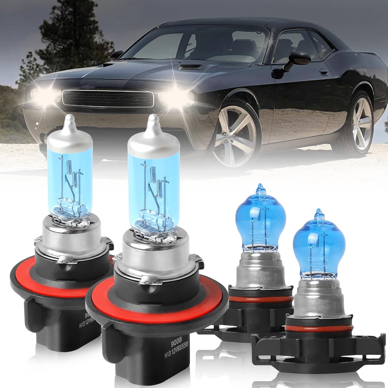 Fit For Dodge Challenger 2011 2012 2013 2014 High Performance Halogen Headlight Bulbs 9008/H13 High/Low Beam + 5202 Fog Light Car Replacement Bulb Combo, Plug and Play, 4 PCS