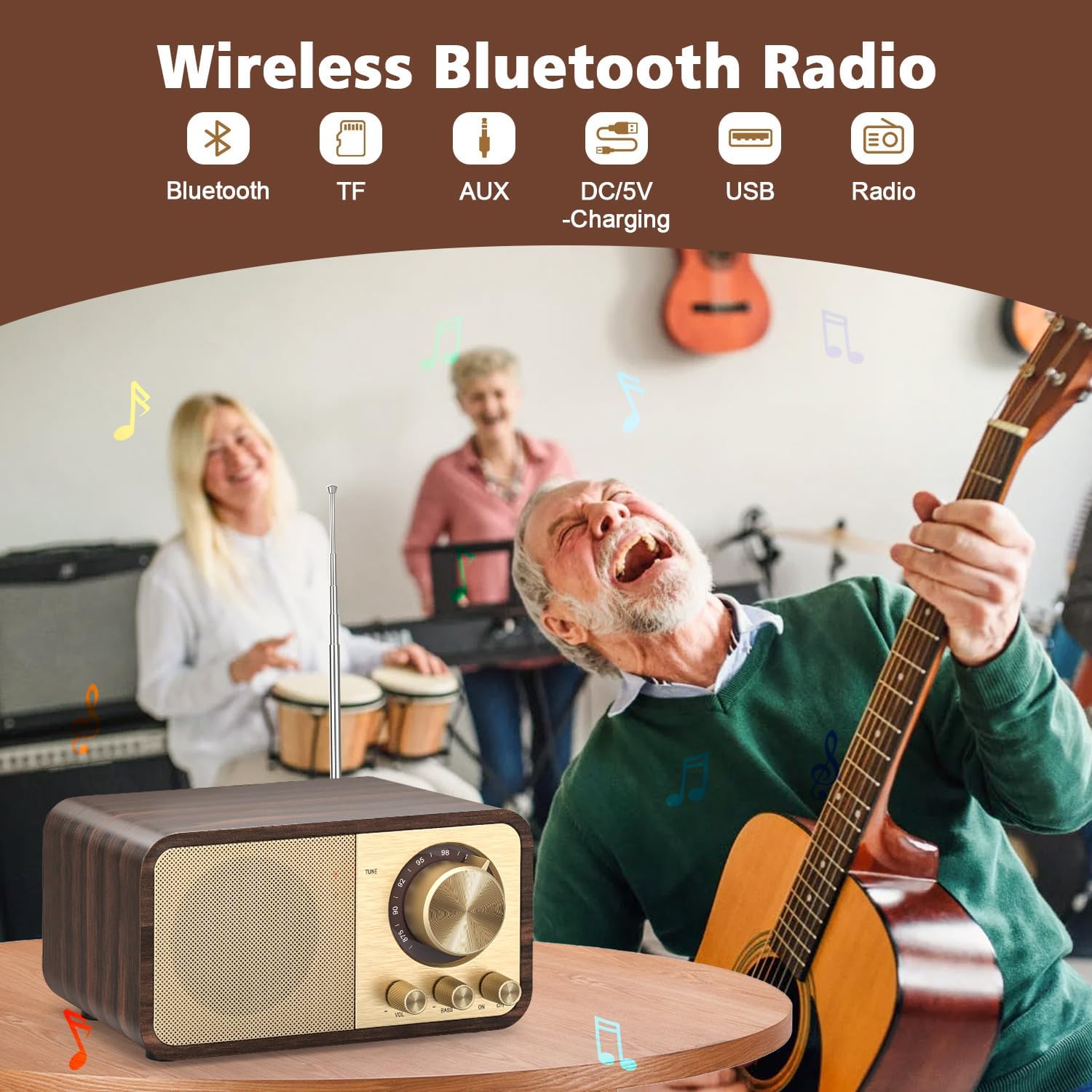 Tendak FM Radio with Best Reception, Portable Transistor Radio with 5W Speaker, Rechargeable Vintage Radios for Home Outdoor, Support TF Card Play, USB MP3 Player, AUX, Bass Mode - Image 3