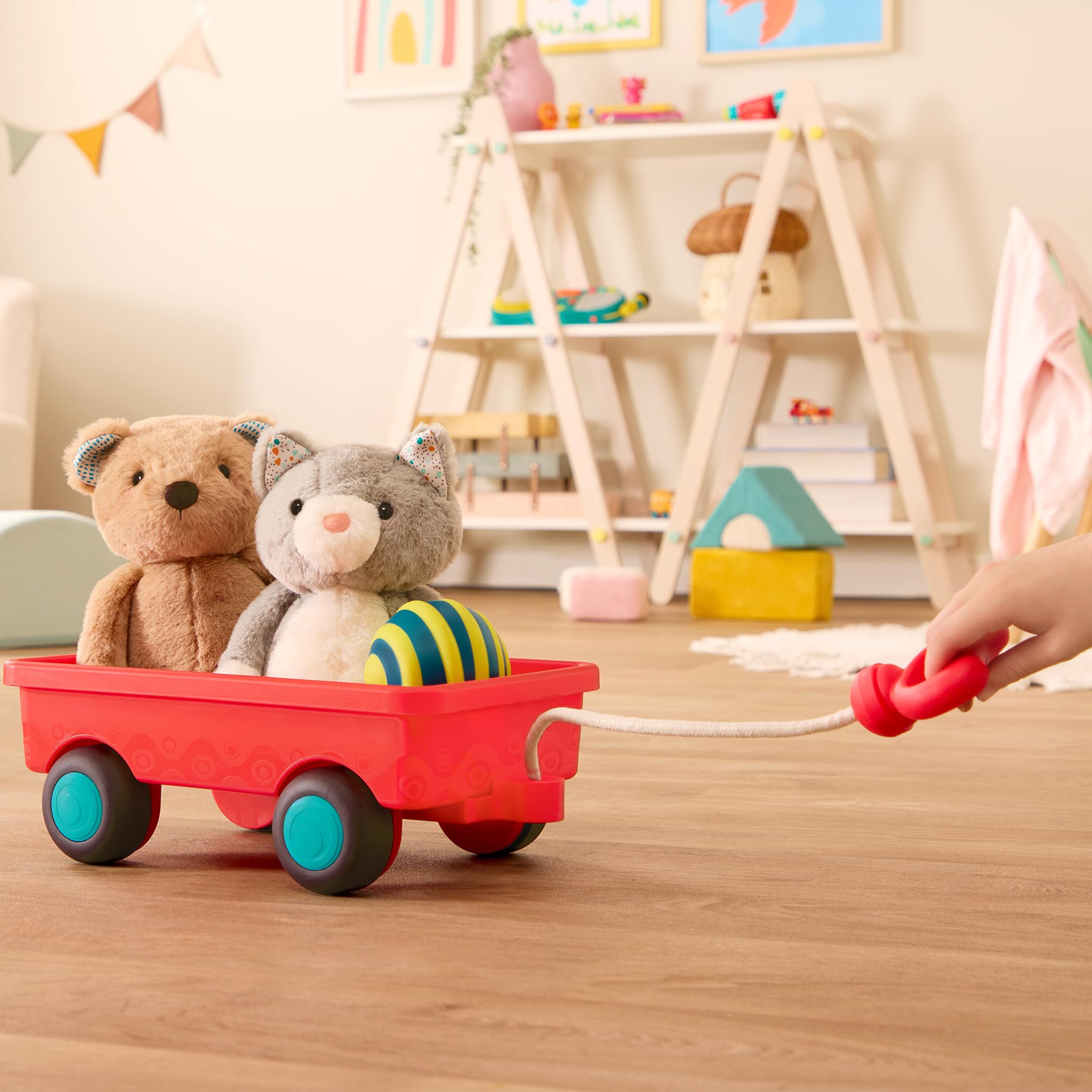B. toys - Toy Red Wagon - Pull Rope with Chunky Handle - Smooth Rolling Wheels - Toys for Kids Toddlers - 18 Months + - Happy Wagon