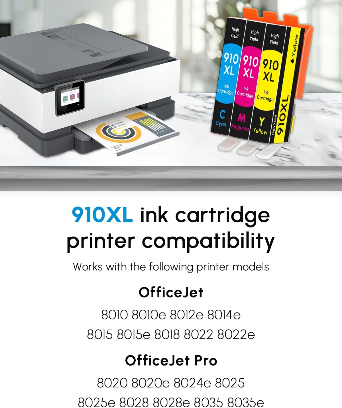 910XL Cyan, Magenta, Yellow Ink Cartridges High Yield (3-Pack Color) Compatible Replacement for 910XL 910 XL Ink for OfficeJet Pro 8010 8020 8015 8018 8022 8025 8028 8030 8035 Printer