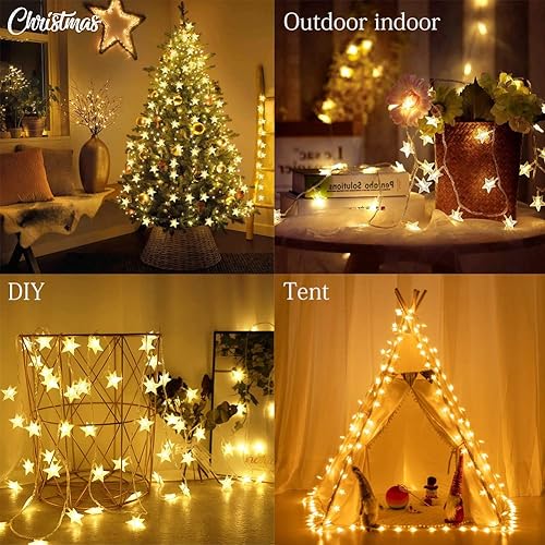 Miniatura 2 de Guirnalda de luces de estrellas de 50 LED de 25 pies, impermeables, 8 modos de luces de hadas de estrellas, funciona con pilas, con control remoto