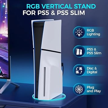 PS5/PS5 İnce/PS5 Pro Konsolları için Dikey Stand-PS5/PS5 İnce/Pro Dijital/Disk Sürümü Taban Standı Aksesuarları 7 Renkli RGB Işıklı