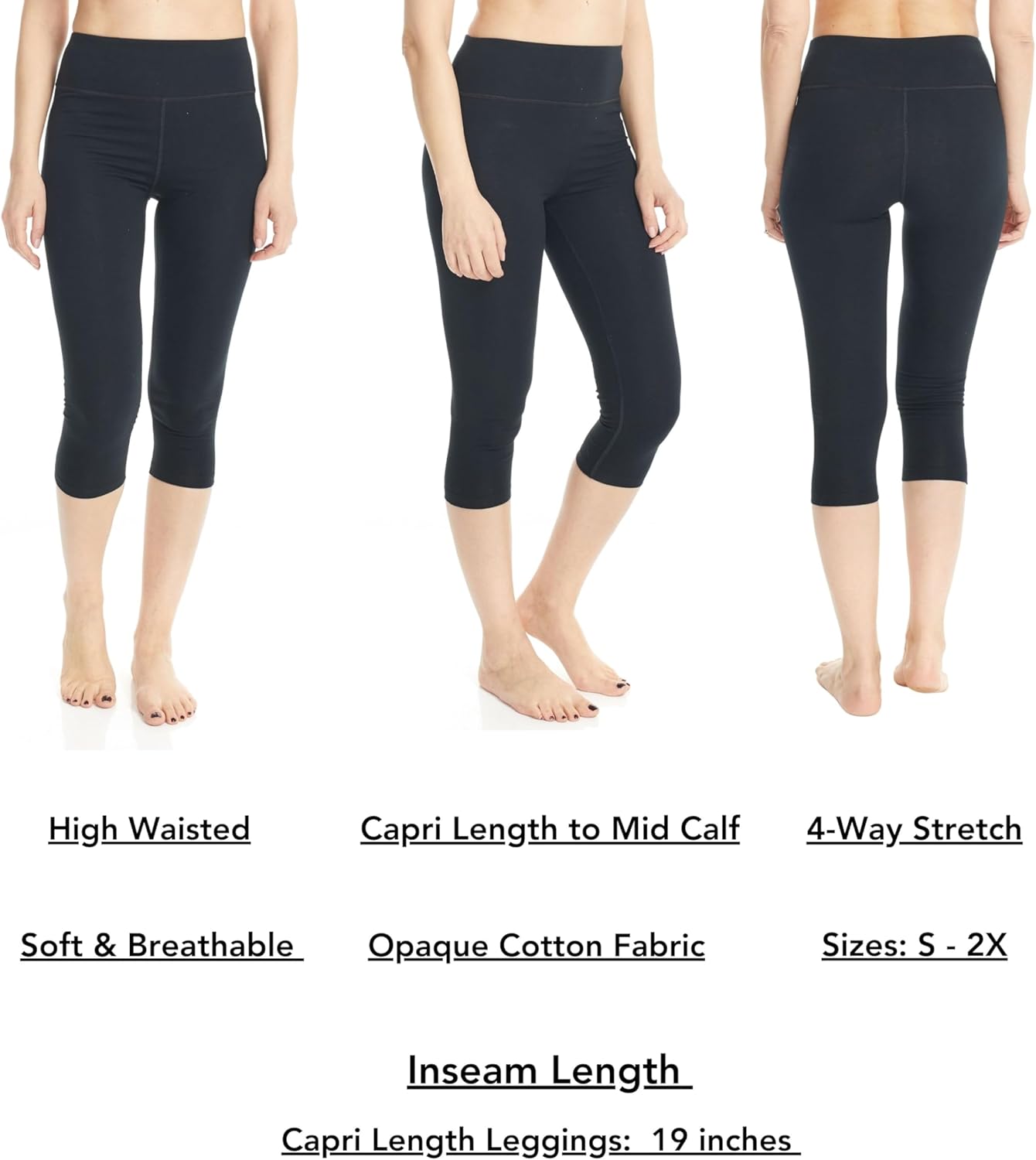 ESTEEZ Women's Soft Cotton Capri Leggings - High Waist - Lightweight and Breathable - Under Dress, Anti Chafing EX808235 Black Medium - Image 2