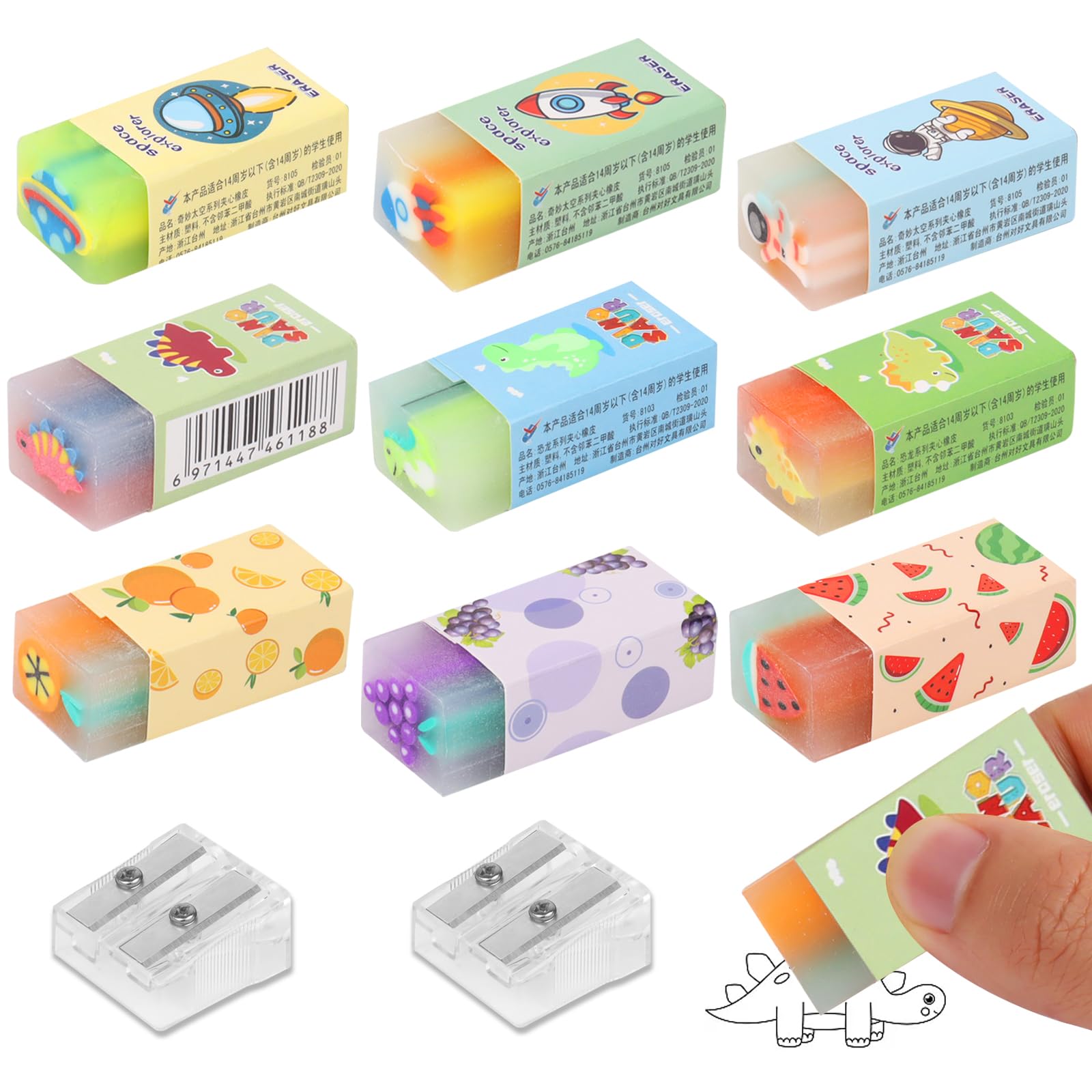 9pcs Plastic Rubber Erasers, Cute Fruit Eraser, Cube Dinosaur Erasers, Pastel School Rubbers, Rectangle Rubber Eraser with 2 Pencil Sharpeners for Students, Artists