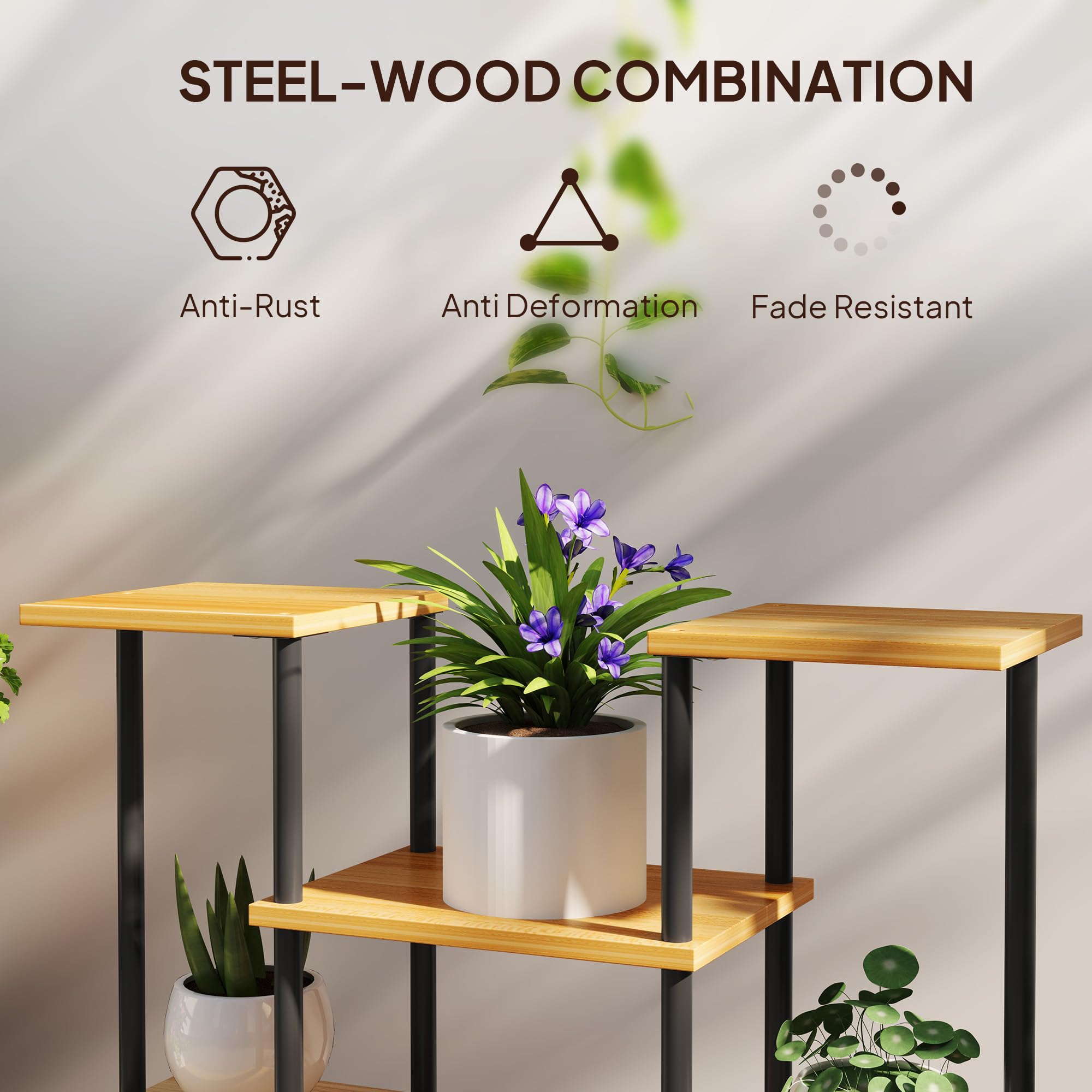 Outsunny Soporte para plantas de interior, estante para plantas de 6 niveles, estructura de acero con base de madera maciza, soporte para plantas para salón, balcón, jardín, madera natural