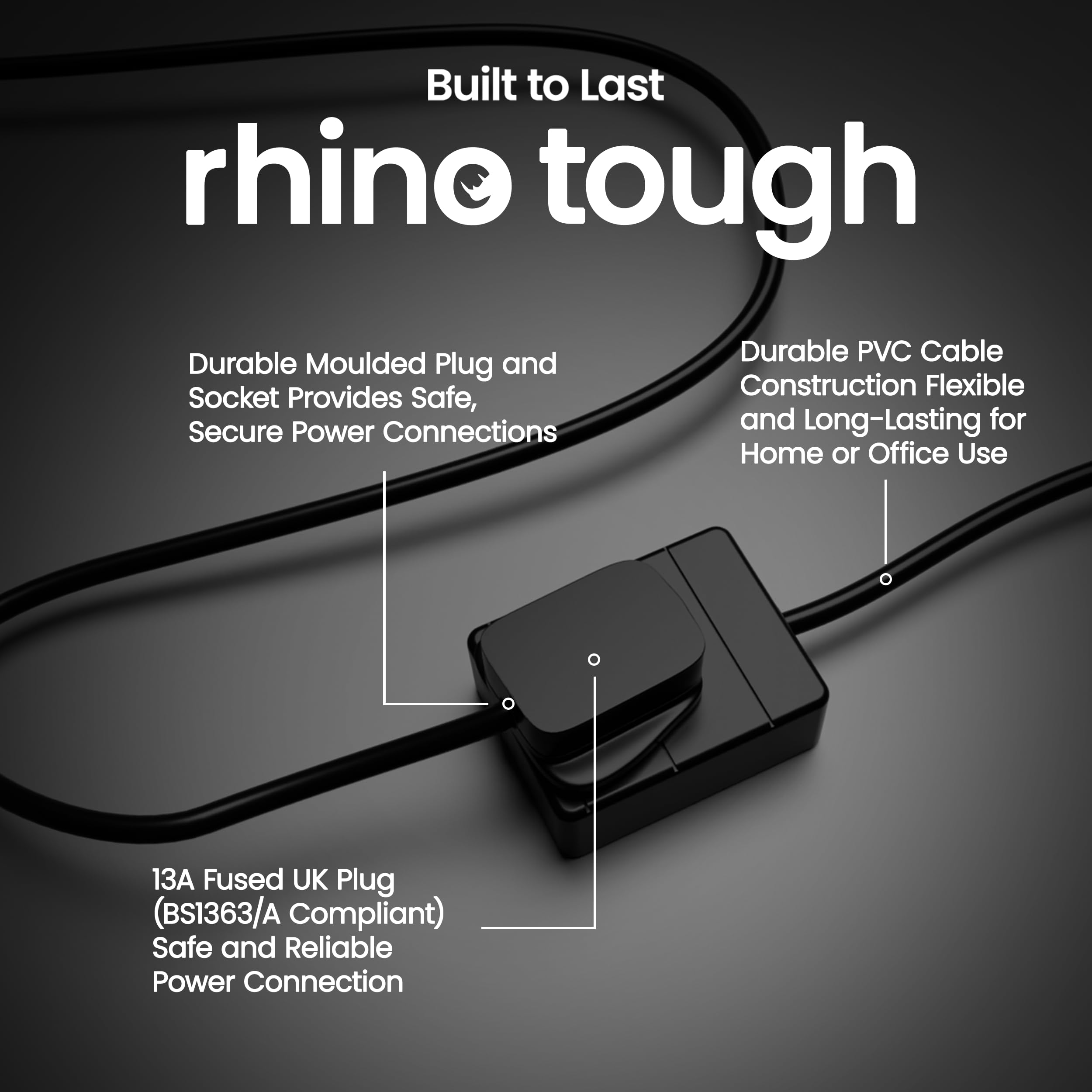 rhinocables UK Plug Extension Wire | 13A Triple Socket Power Cable for Computers, Lamps & AV Systems | BS1363/A Approved 230V Lead, Black (3m) — view 4