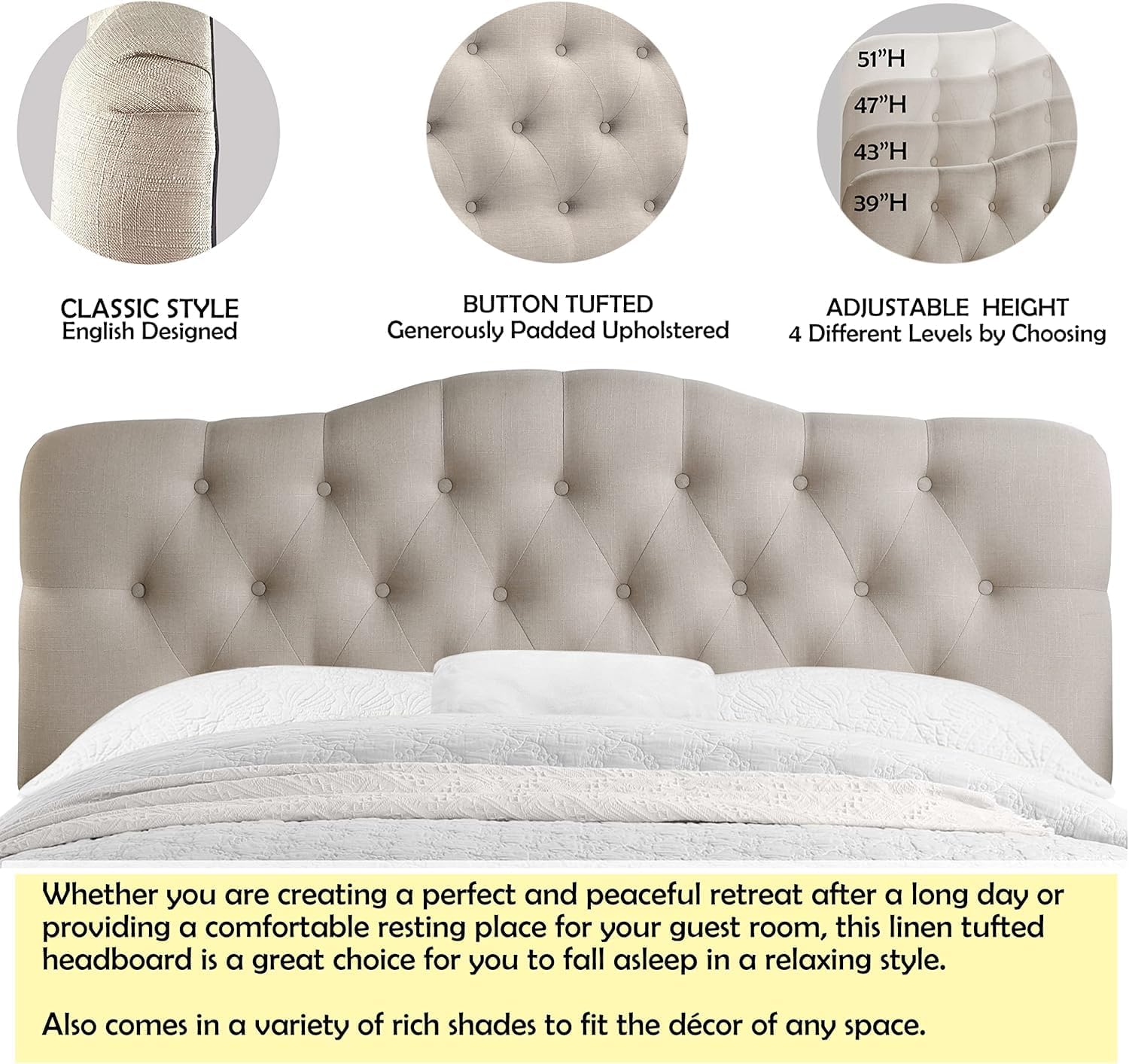 Rosevera Givanna Adjustable Heigh Headboard with Linen Upholstery and Button Tufting for Bedroom, Queen, Textile Beige