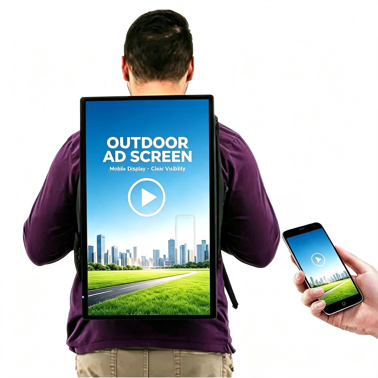 Mochila Inteligente con Pantalla LED 21,5", 600 nits Ultra Brillante, 30000mAh 6h, IP65, Android 14, vendedores ambulantes