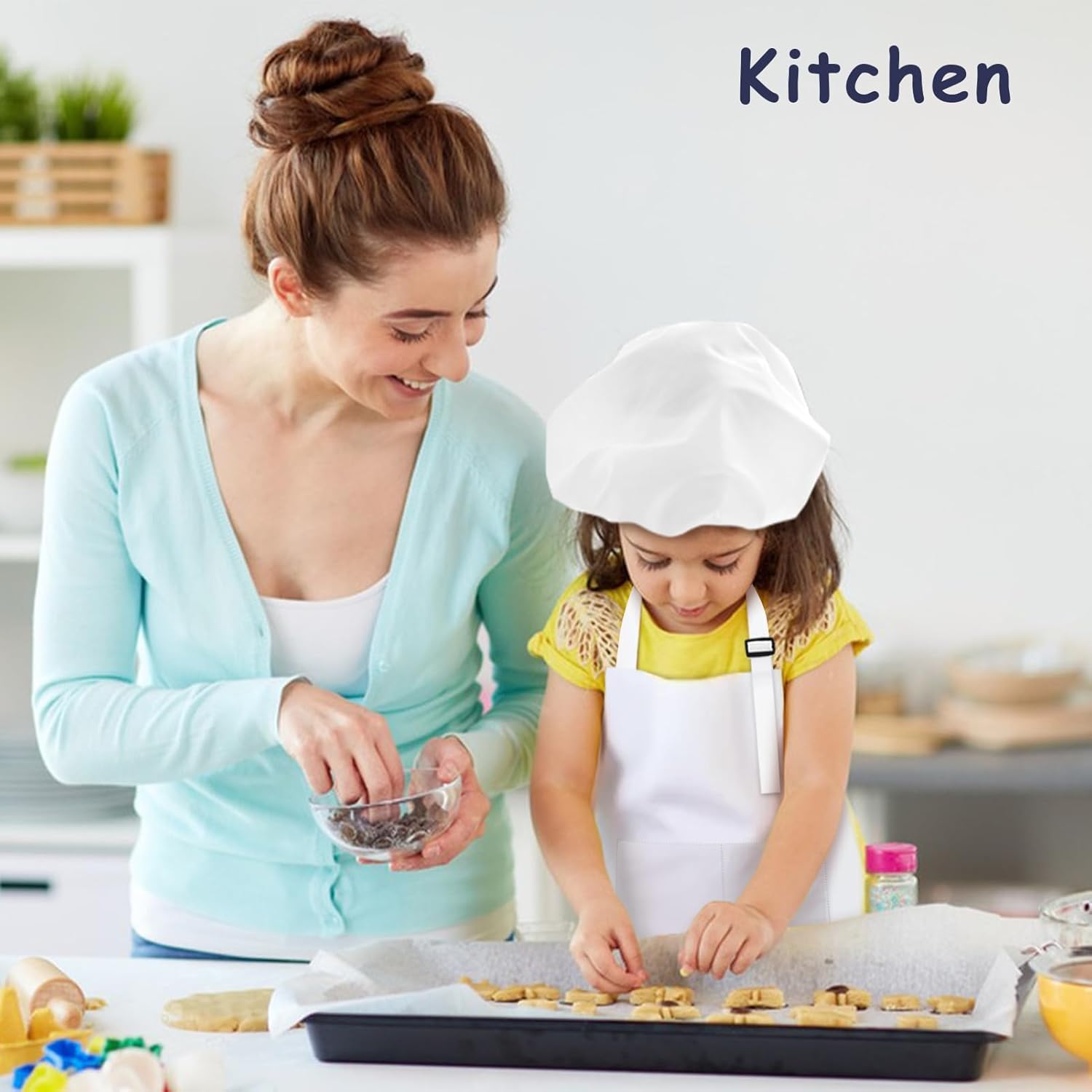 Kids Apron and Chef Hat Set, 70 Pieces Boys Girls Kids Apron with 2 Pockets Adjustable for Cooking Classroom Baking Painting, 6-13 Years, White