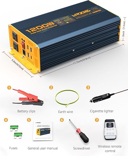 Miniatura 9 de Inversor de corriente de onda sinusoidal pura de 1200 vatios, convertidor de CC de 12 V a 110 V CA con dos salidas de CA, puertos USB de carga